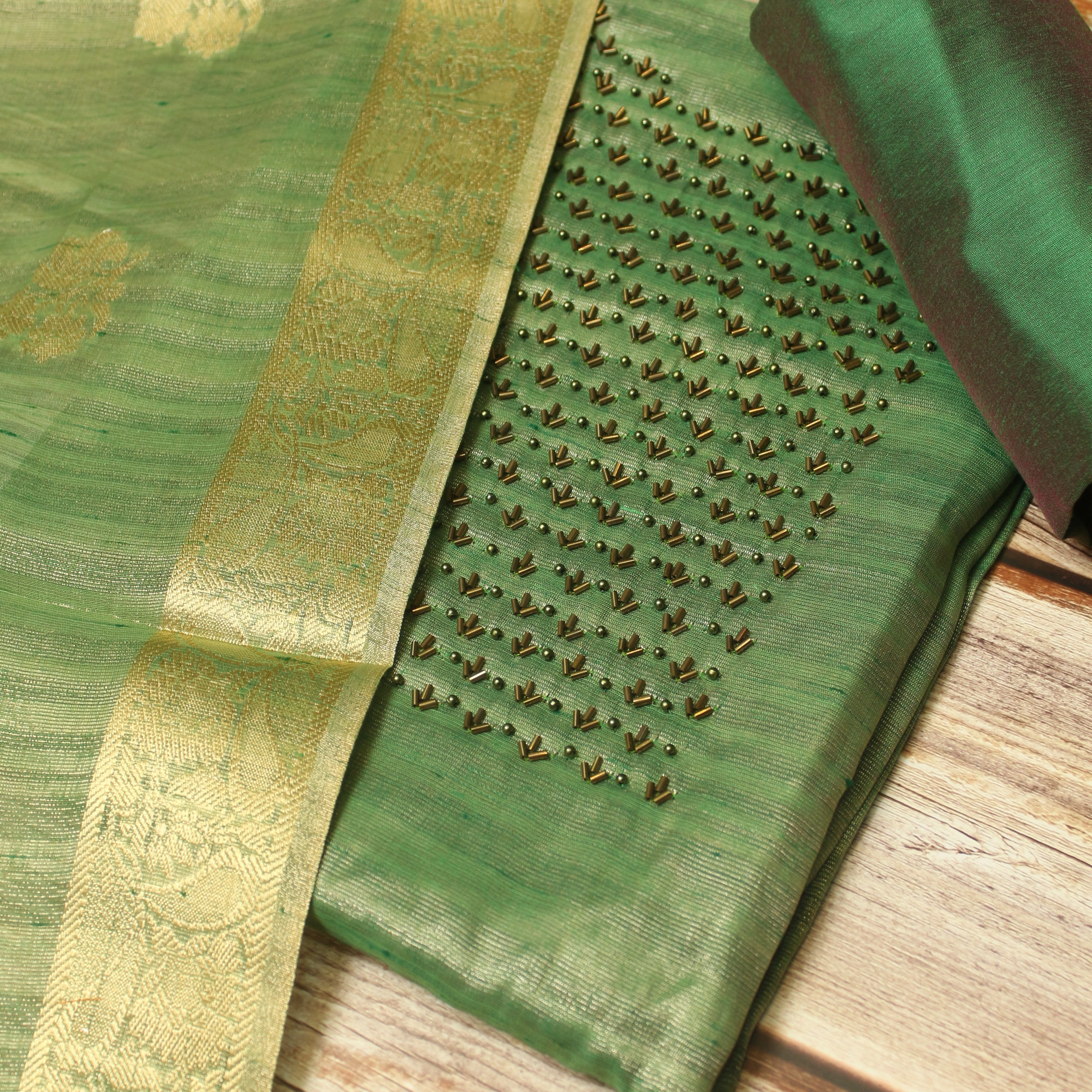 Green Colour Tissue Silk Dress Material -Dress Material- Just Salwars