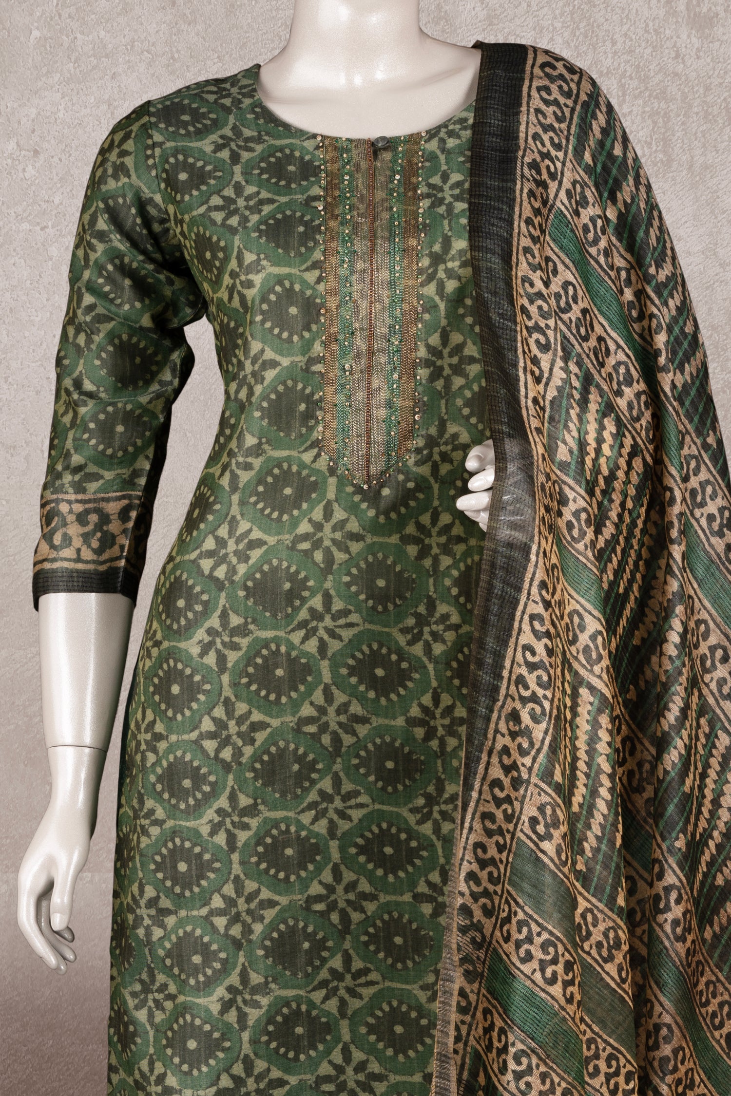 Green Colour Tussar Silk Straight Cut Salwar Suit -Salwar Suit- Just Salwars