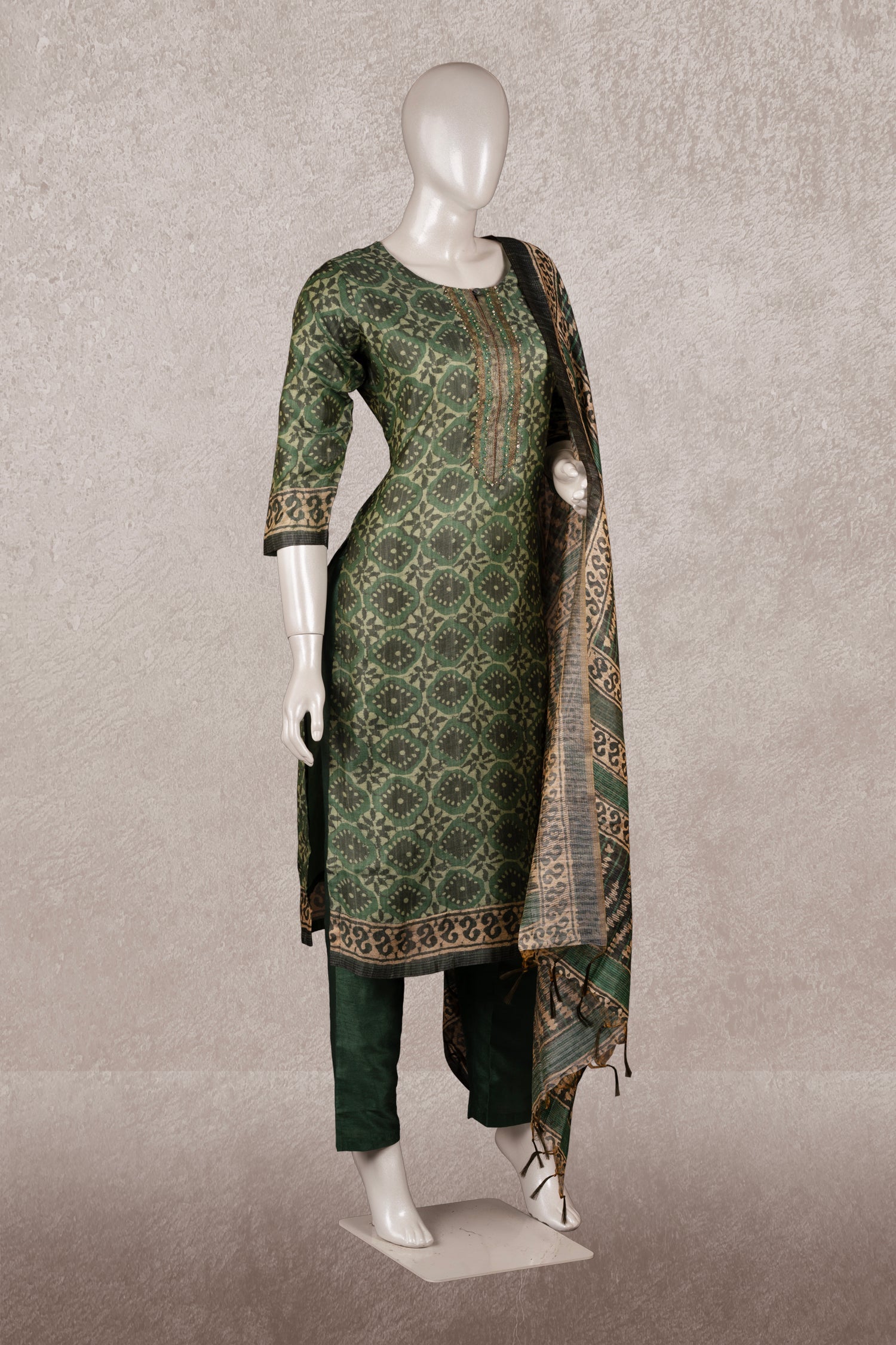 Green Colour Tussar Silk Straight Cut Salwar Suit -Salwar Suit- Just Salwars