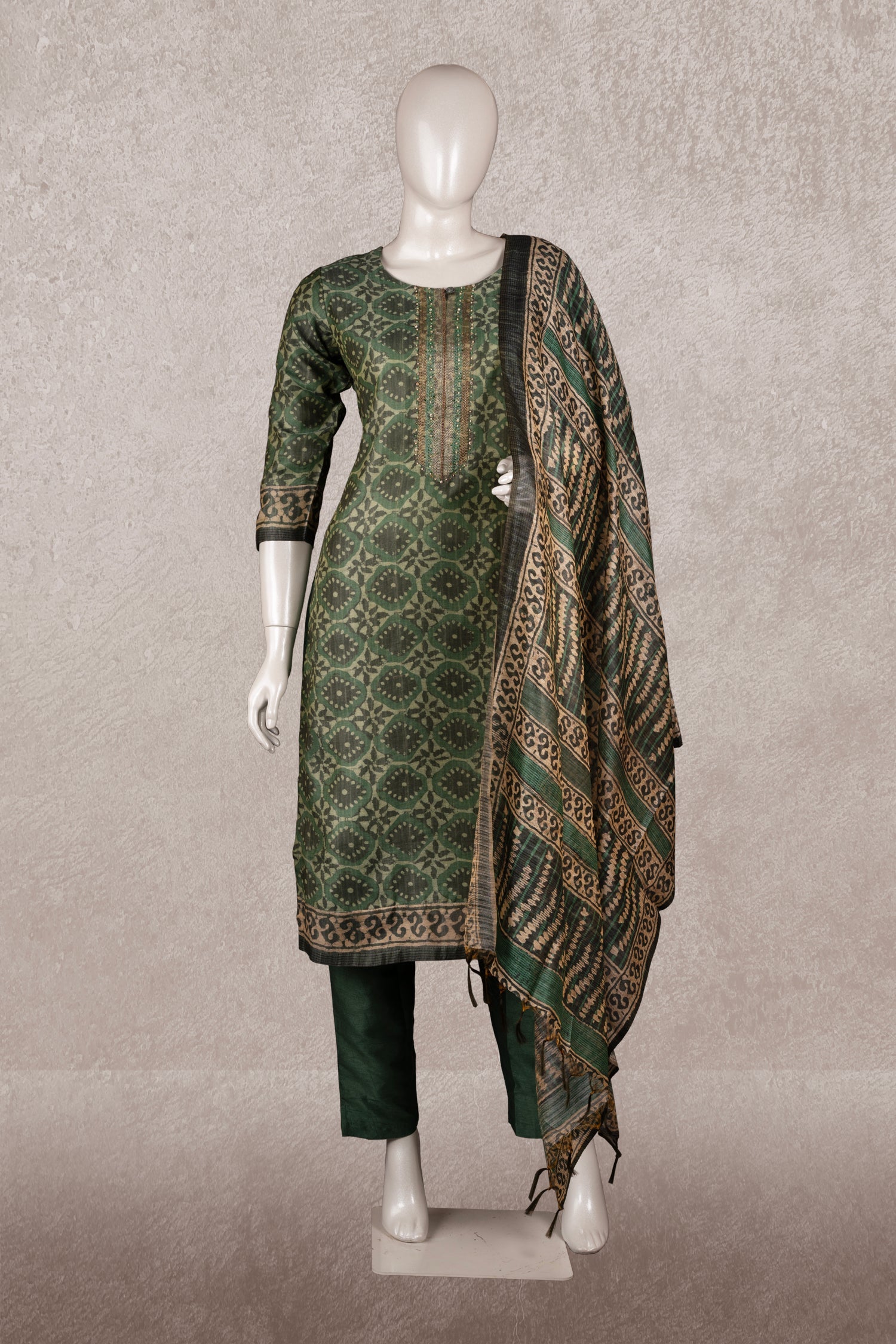 Green Colour Tussar Silk Straight Cut Salwar Suit -Salwar Suit- Just Salwars