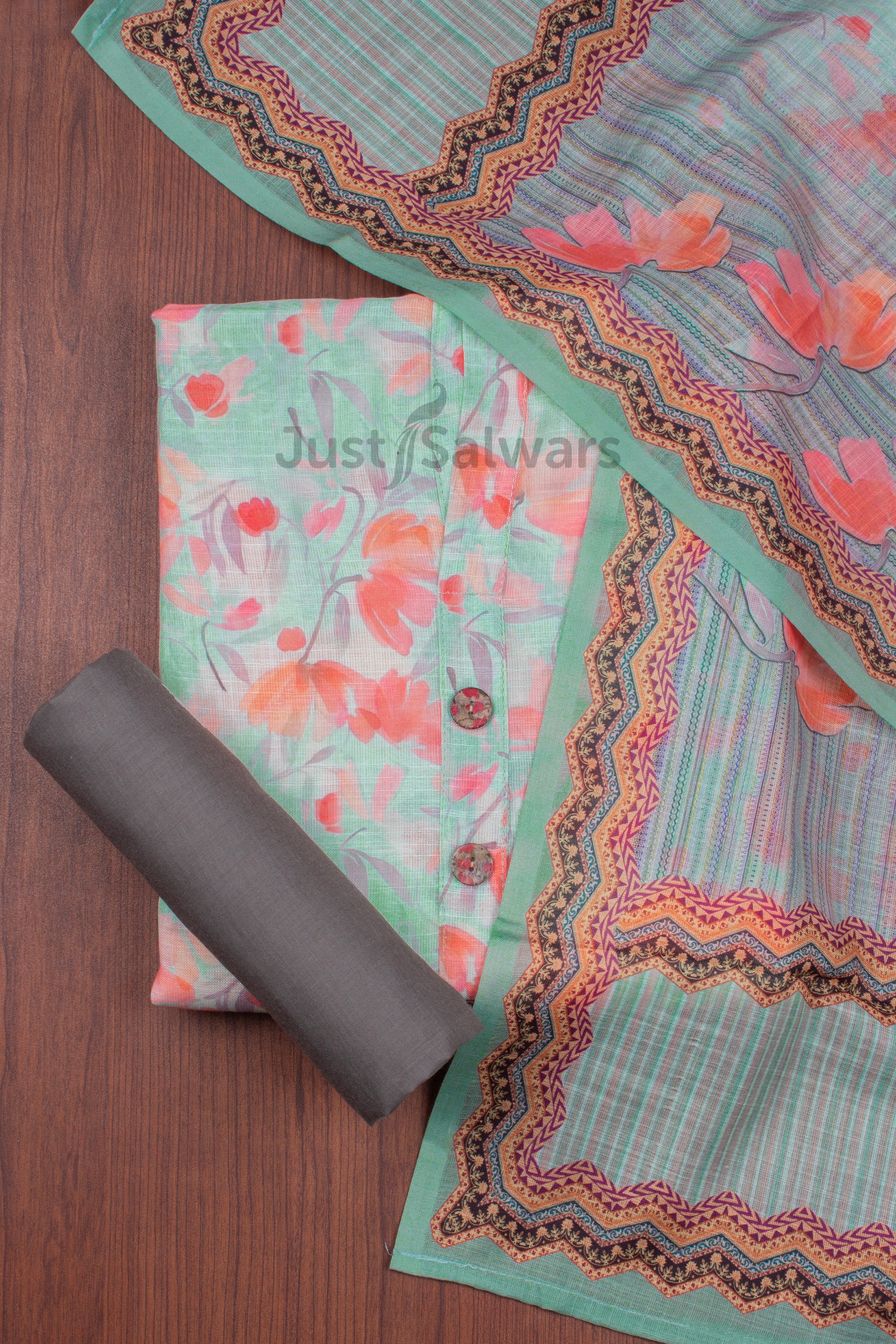 Green Colour Unstitched Dress Material -Dress Material- Just Salwars