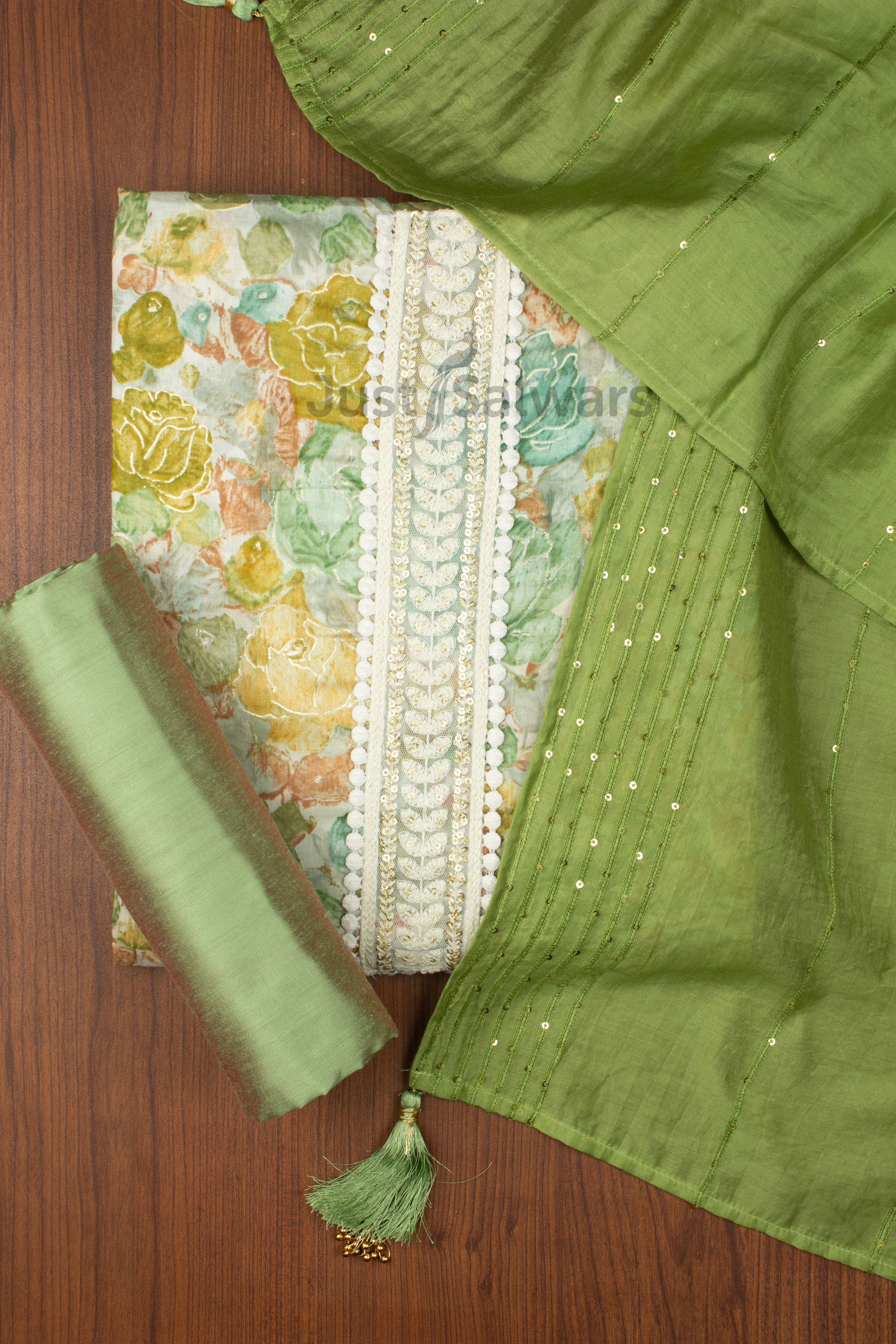 Green Colour Unstitched Dress Material -Dress Material- Just Salwars