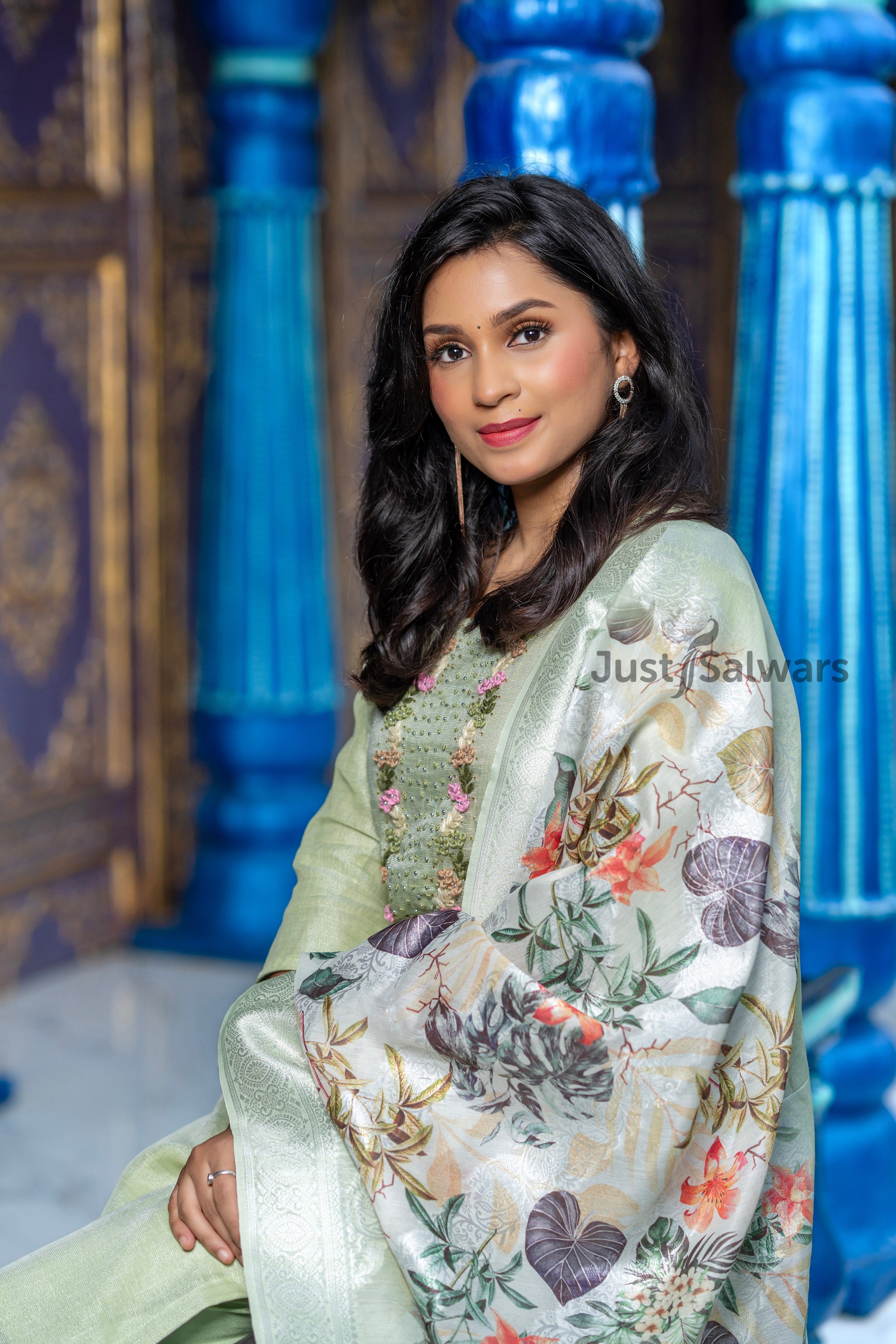 Green Colour Unstitched Dress Material -Dress Material- Just Salwars