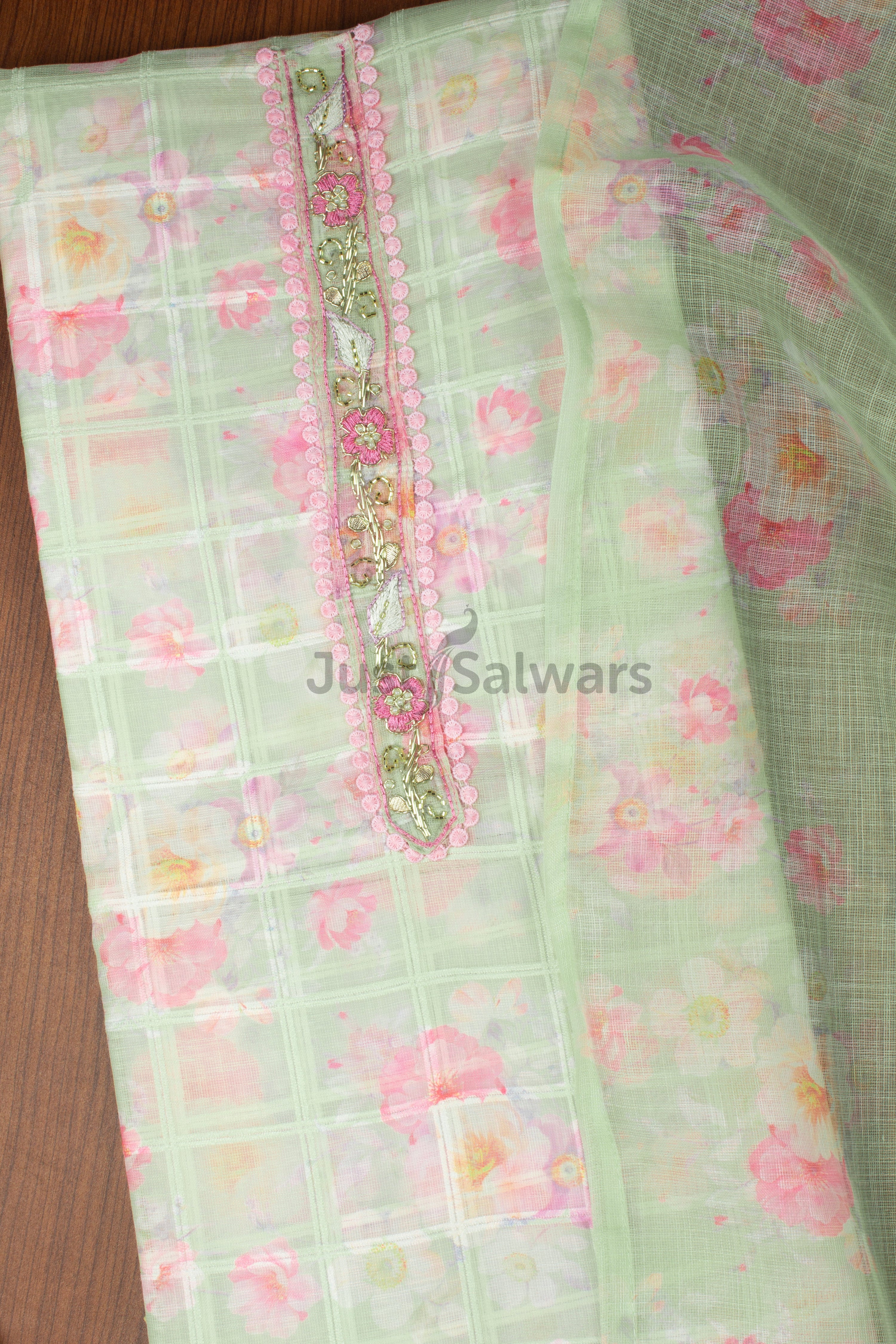 Green Colour Unstitched Dress Material -Dress Material- Just Salwars