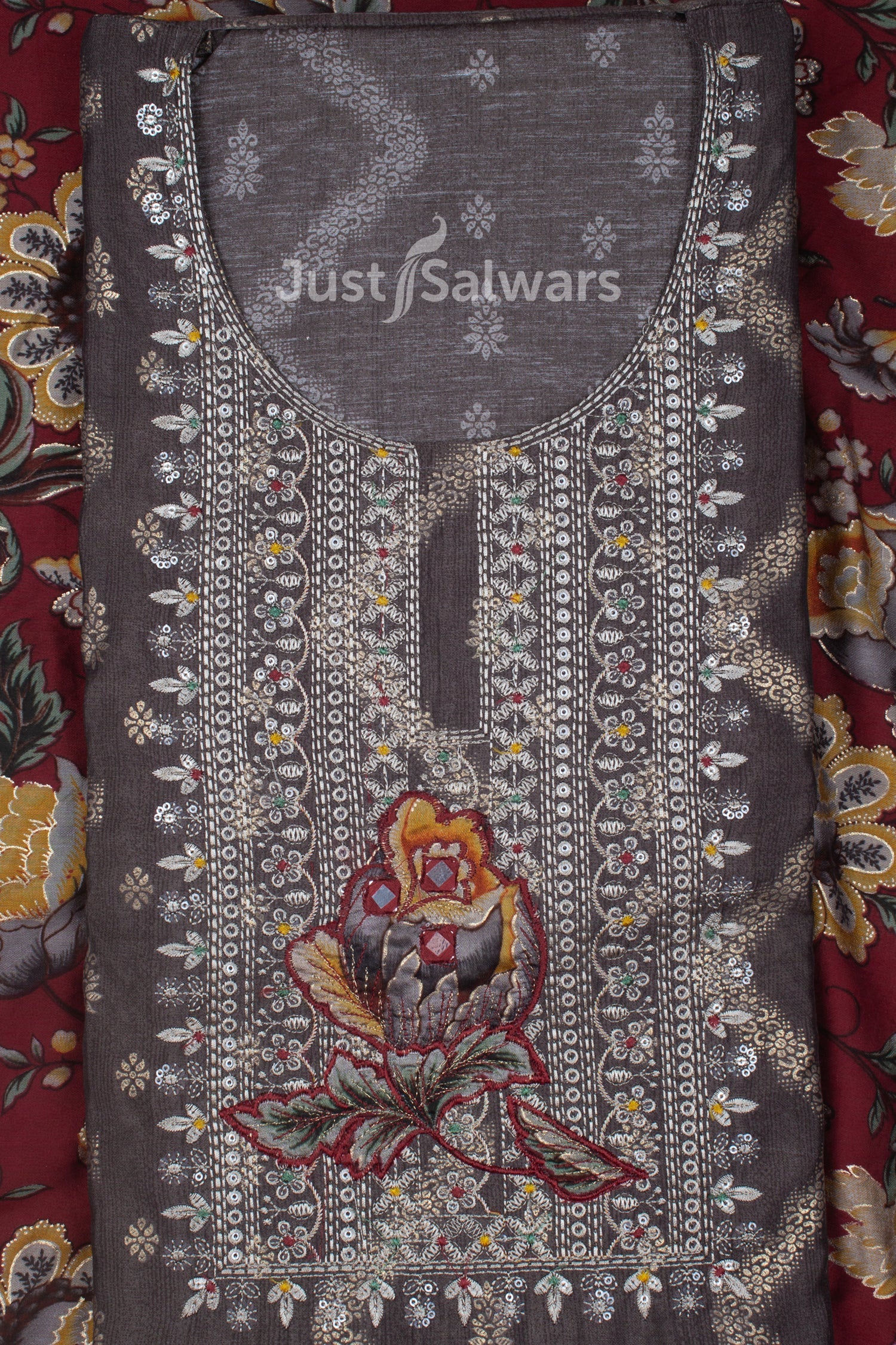 Grey and Maroon Colour Muslin Dress Material -Dress Material- Just Salwars