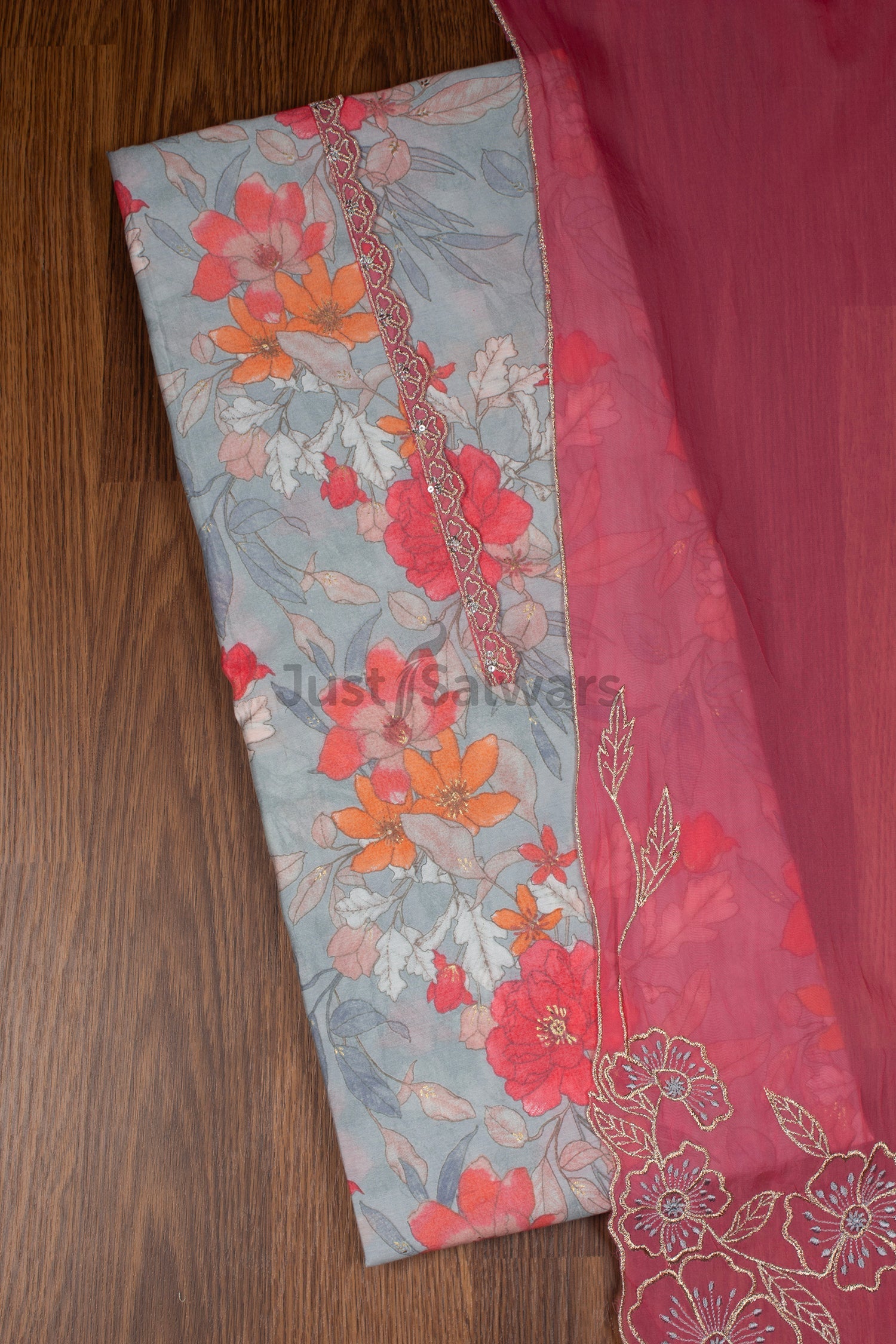 Grey and Pink Colour Muslin Dress Material with Organza Dupatta -Dress Material- Just Salwars