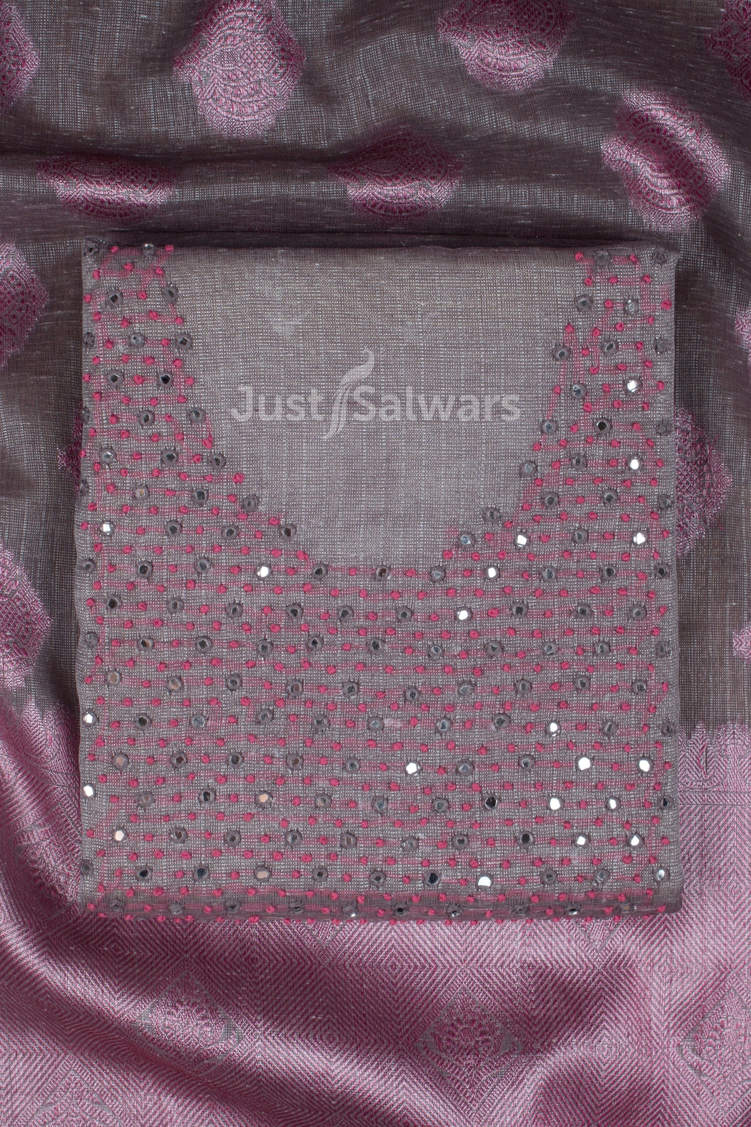 Grey and Pink Colour Tissue Silk Dress Material -Dress Material- Just Salwars