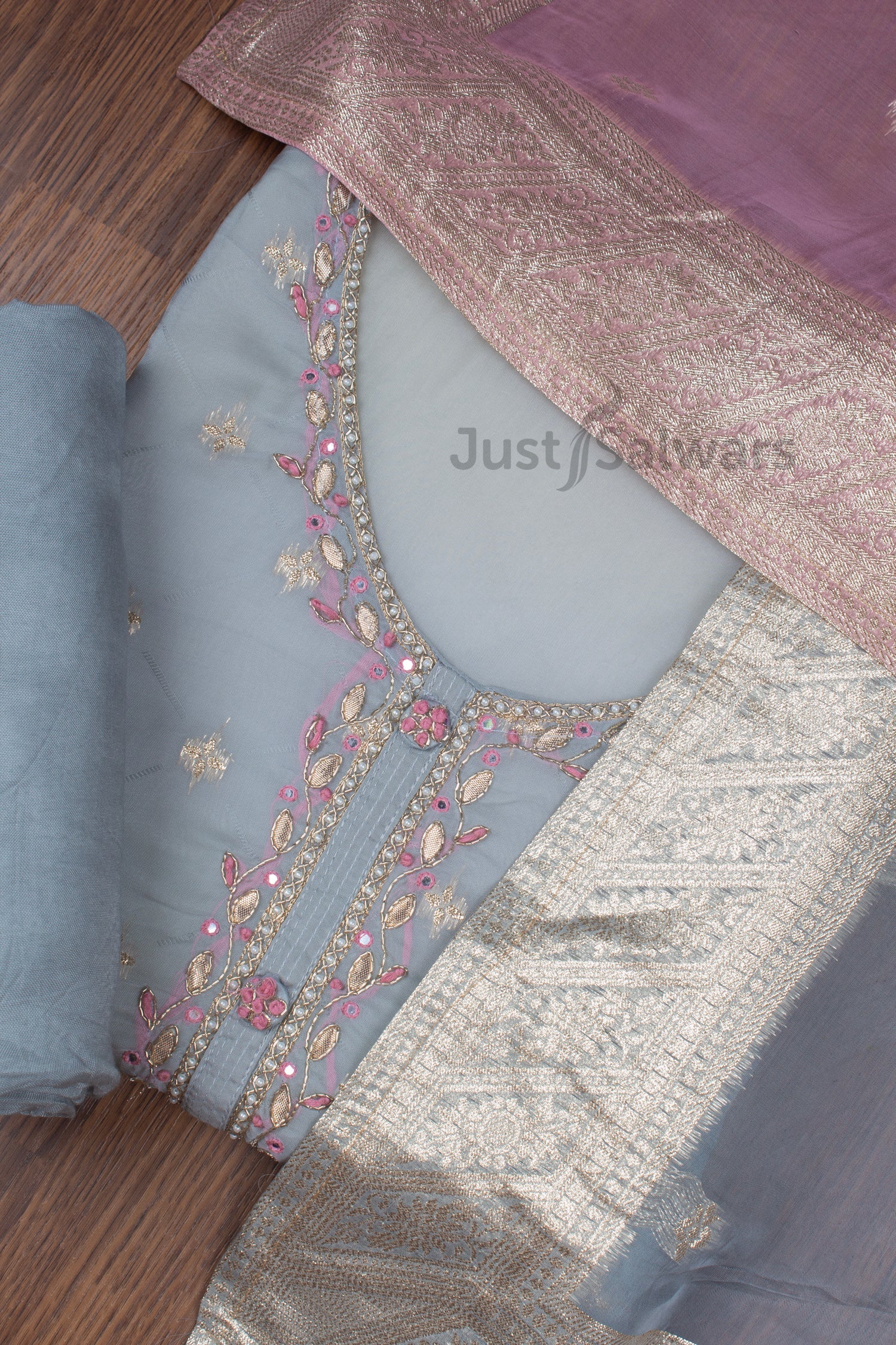 Grey Colour Organza Dress Material with Silk Dupatta -Dress Material- Just Salwars