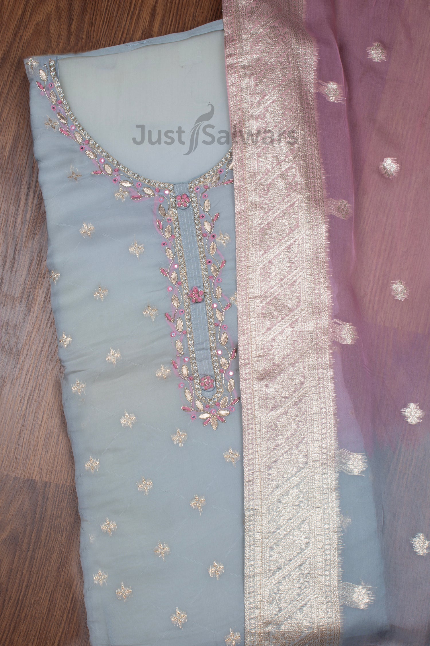 Grey Colour Organza Dress Material with Silk Dupatta -Dress Material- Just Salwars