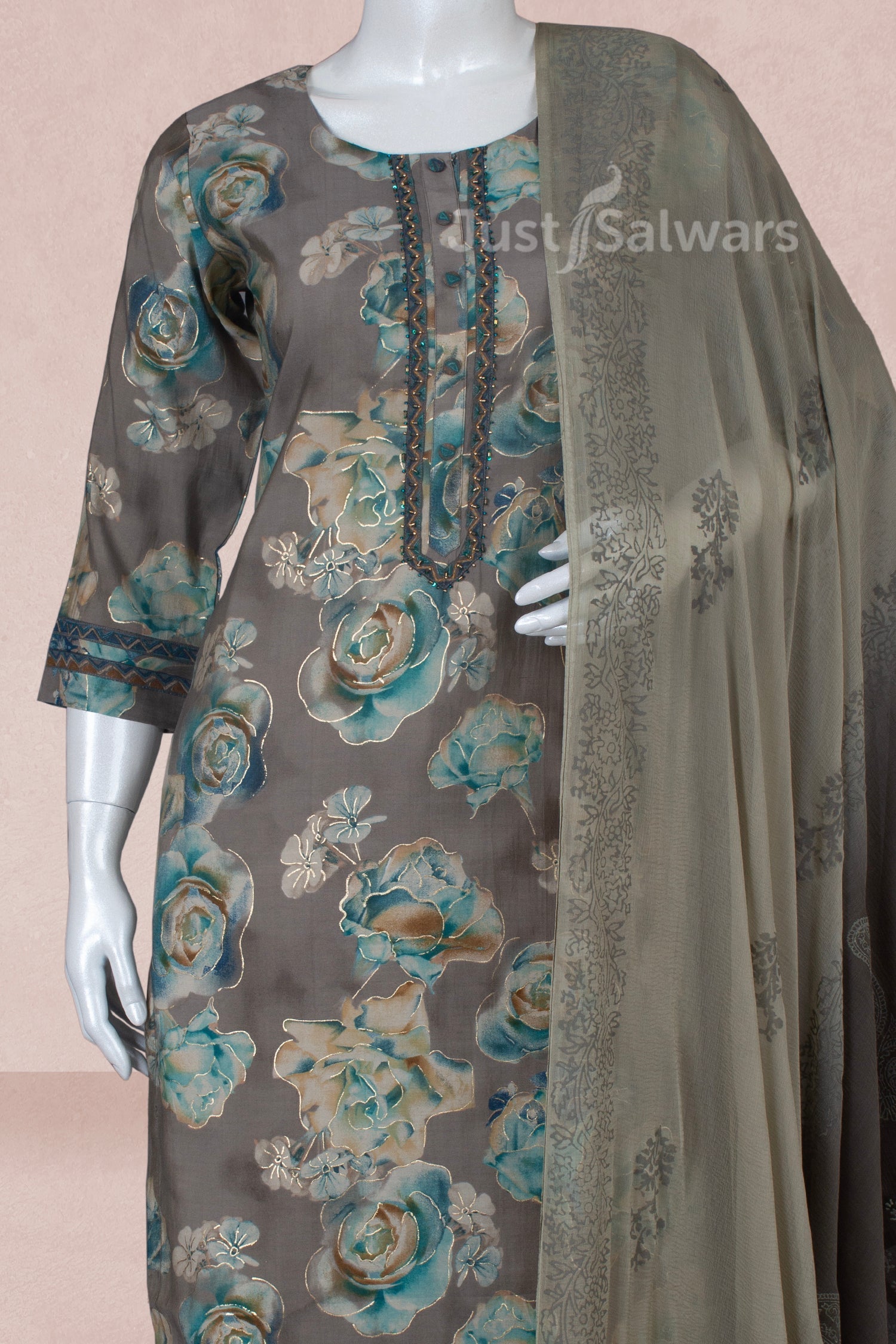 Grey Colour Straight Cut Salwar Suit -Salwar Suit- Just Salwars