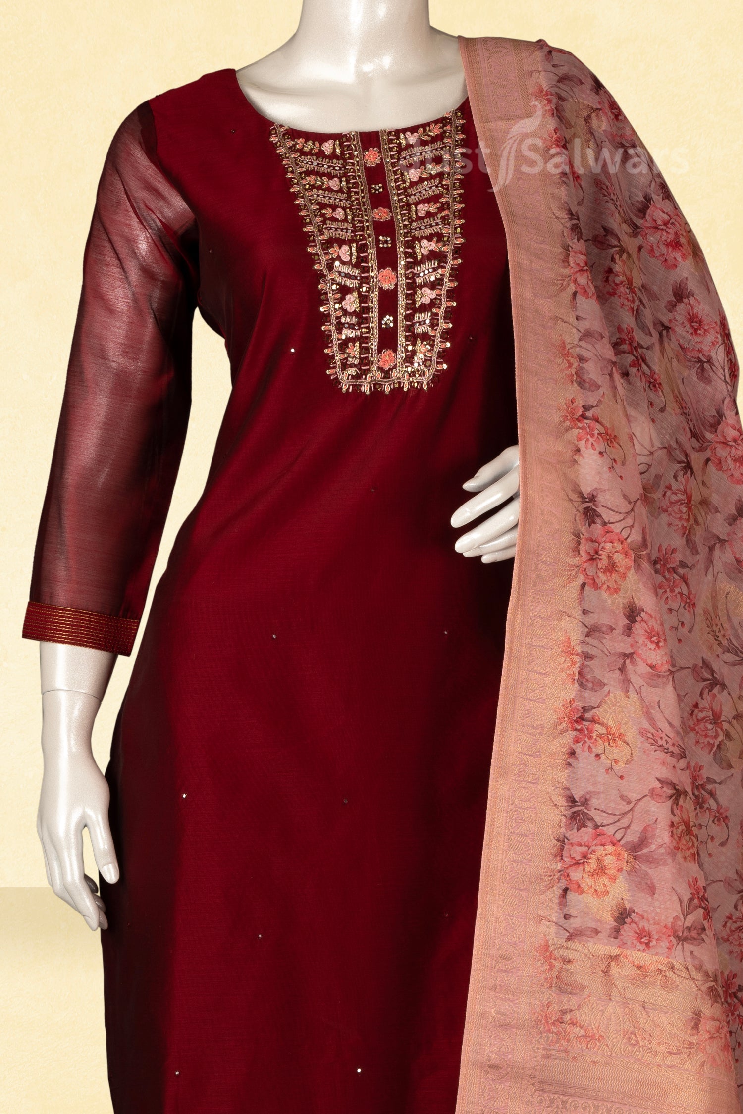 Maroon Colour Straight Cut Salwar Suit -Salwar Suit- Just Salwars