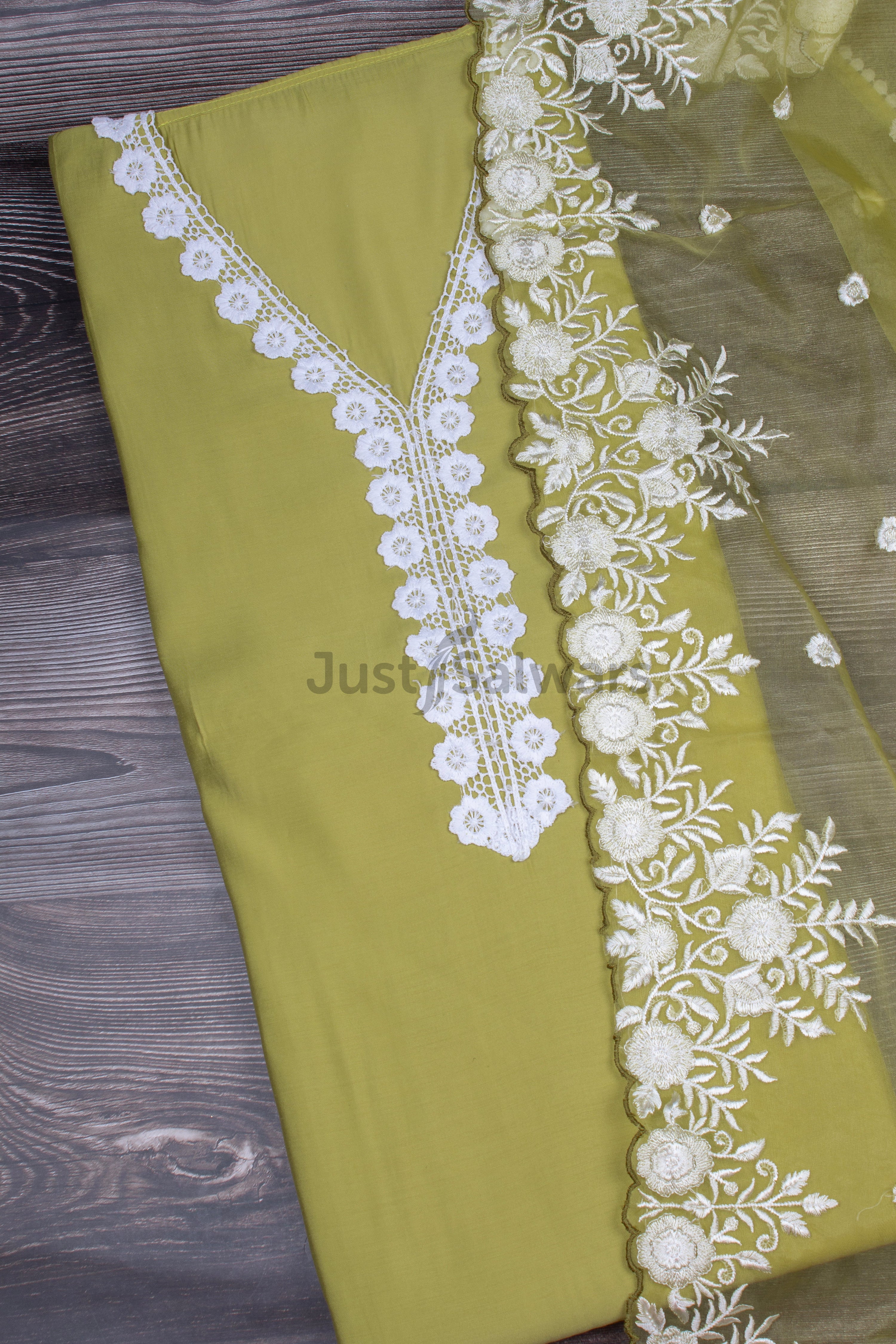 Mehendi Green Colour Muslin Unstitched Dress Material with Organza Dupatta -Dress Material- Just Salwars