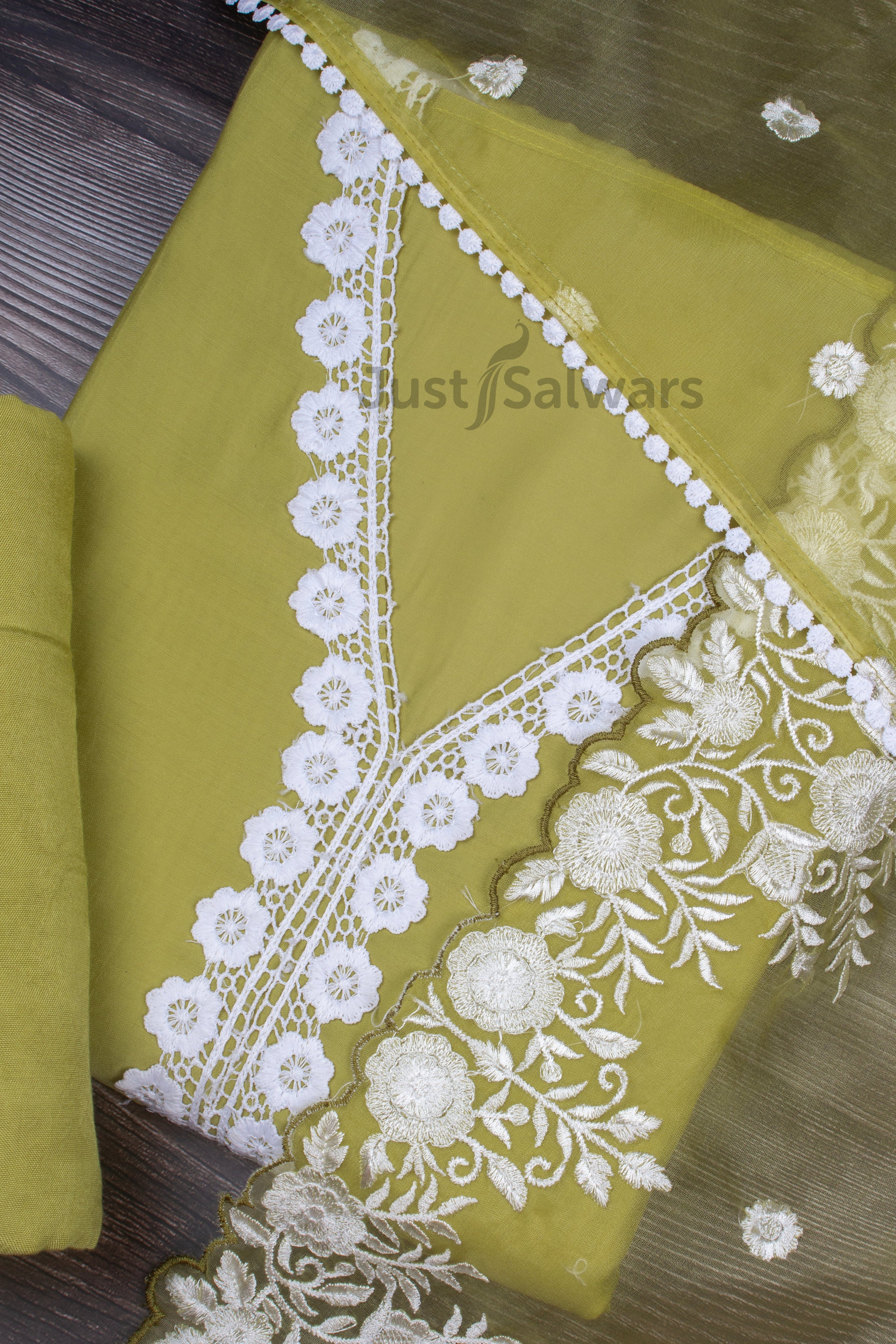 Mehendi Green Colour Muslin Unstitched Dress Material with Organza Dupatta -Dress Material- Just Salwars