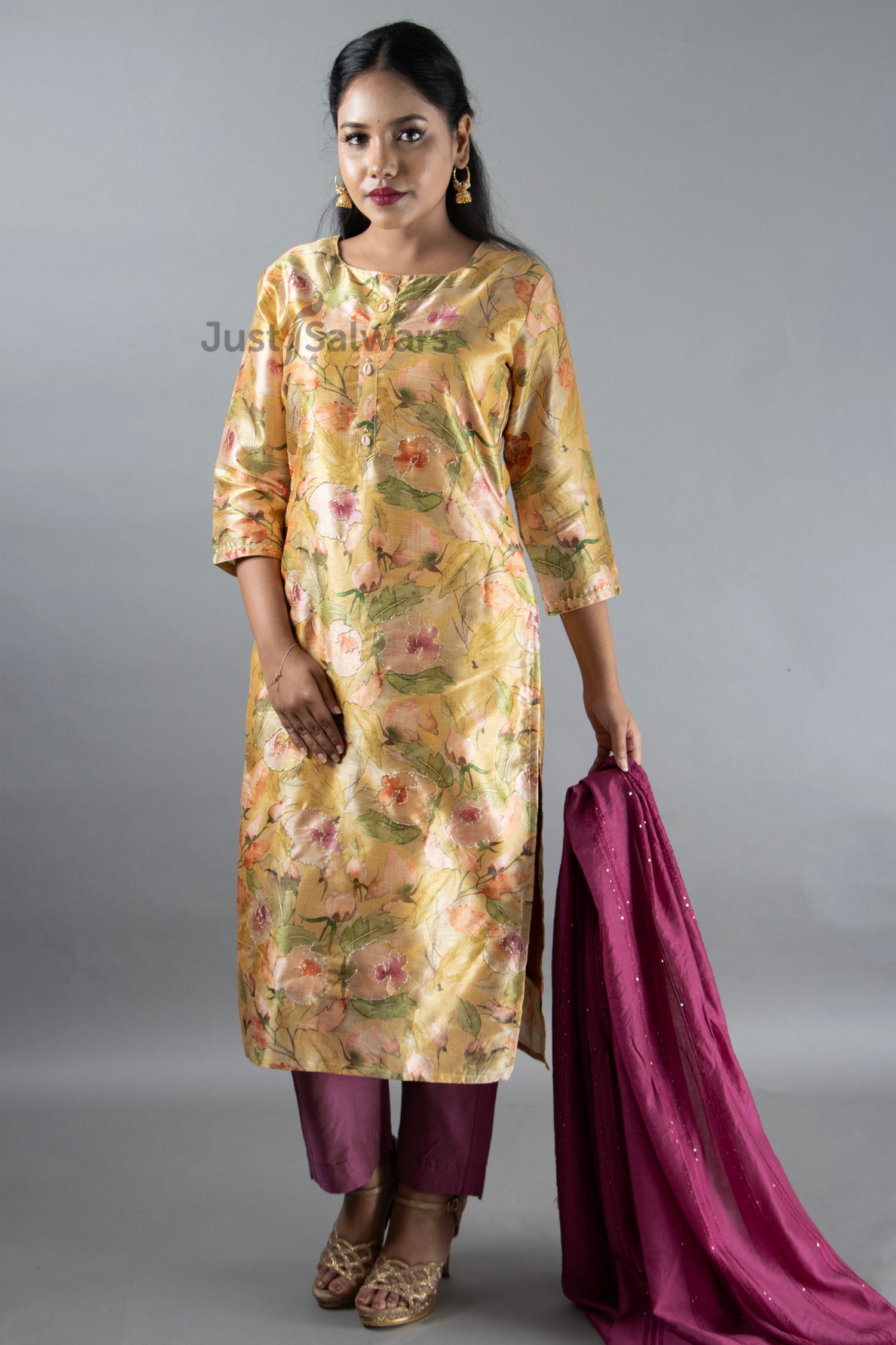 Mustard and Pink Colour Silk Cotton Straight Cut Salwar Suit -Salwar Suit- Just Salwars