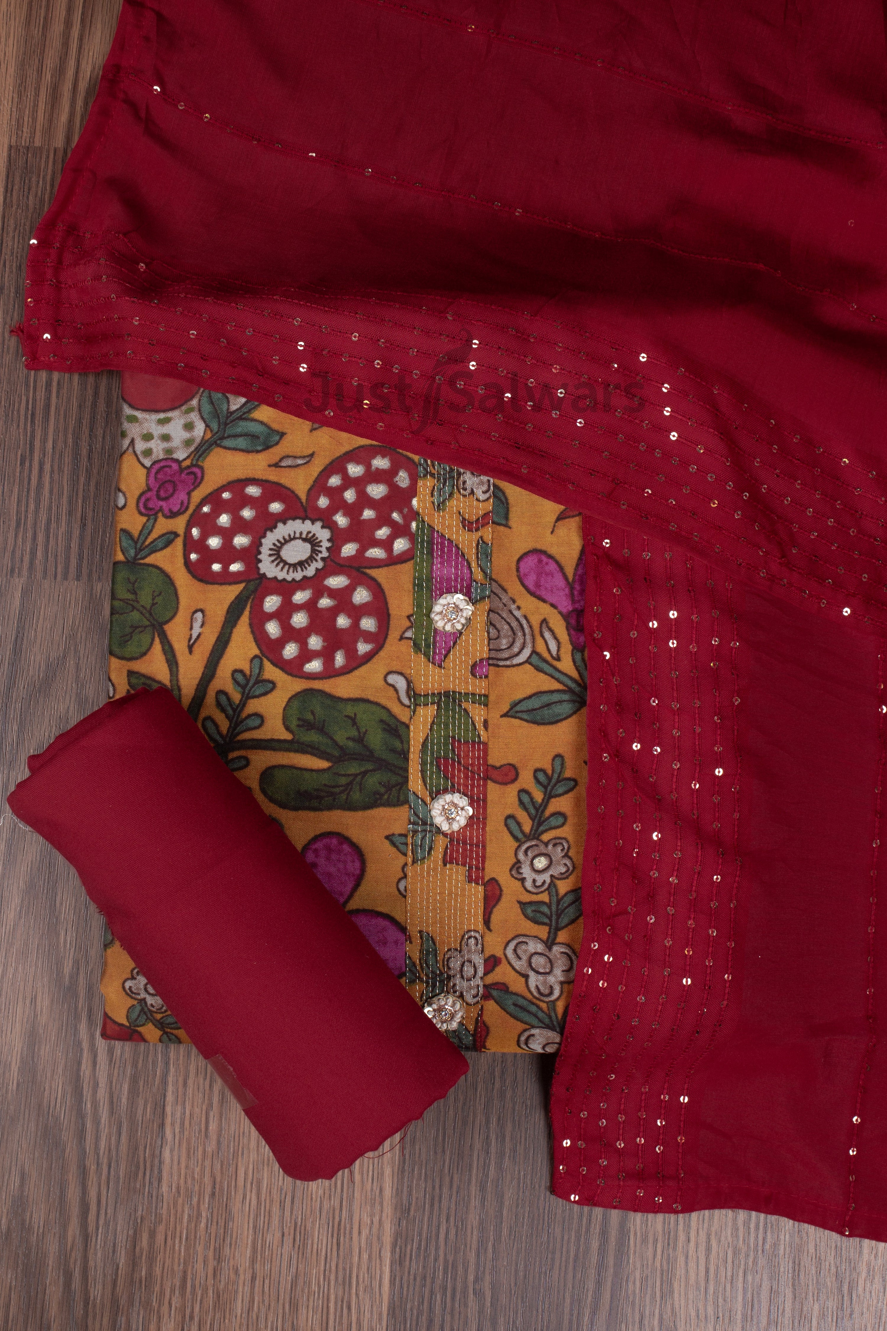 Mustard and Red Colour Muslin Dress Material with Silk Cotton Dupatta -Dress Material- Just Salwars