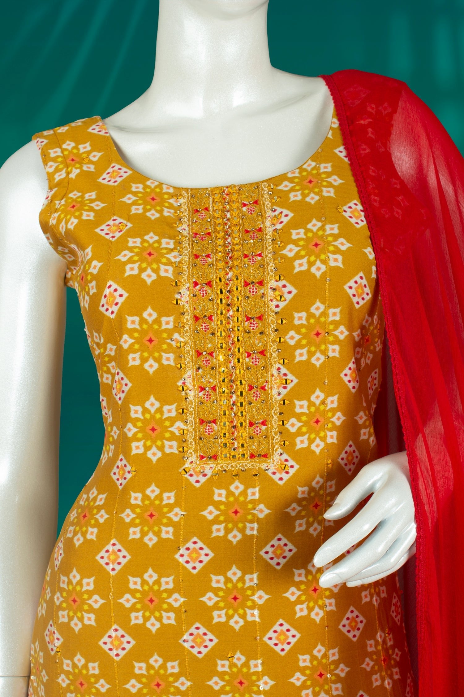 Mustard and Red Colour Straight Cut Salwar Suit -Salwar Suit- Just Salwars