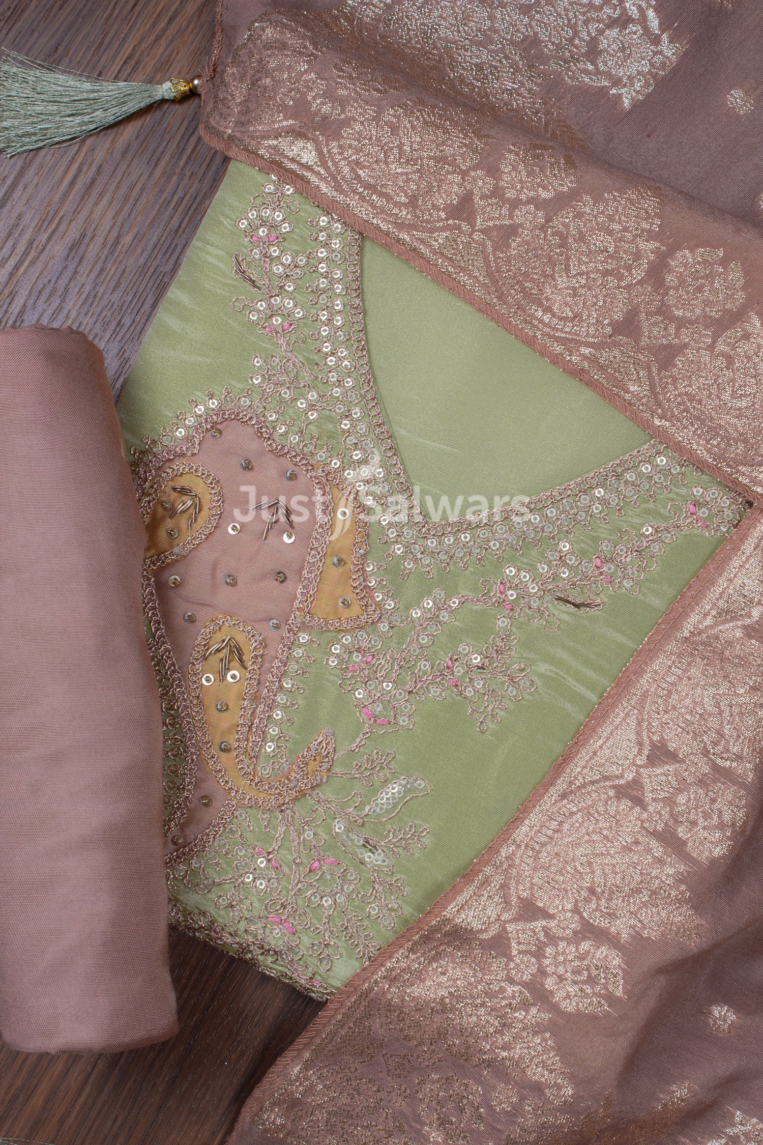Pastel Green and Onion Pink Colour Silk Dress Material -Dress Material- Just Salwars