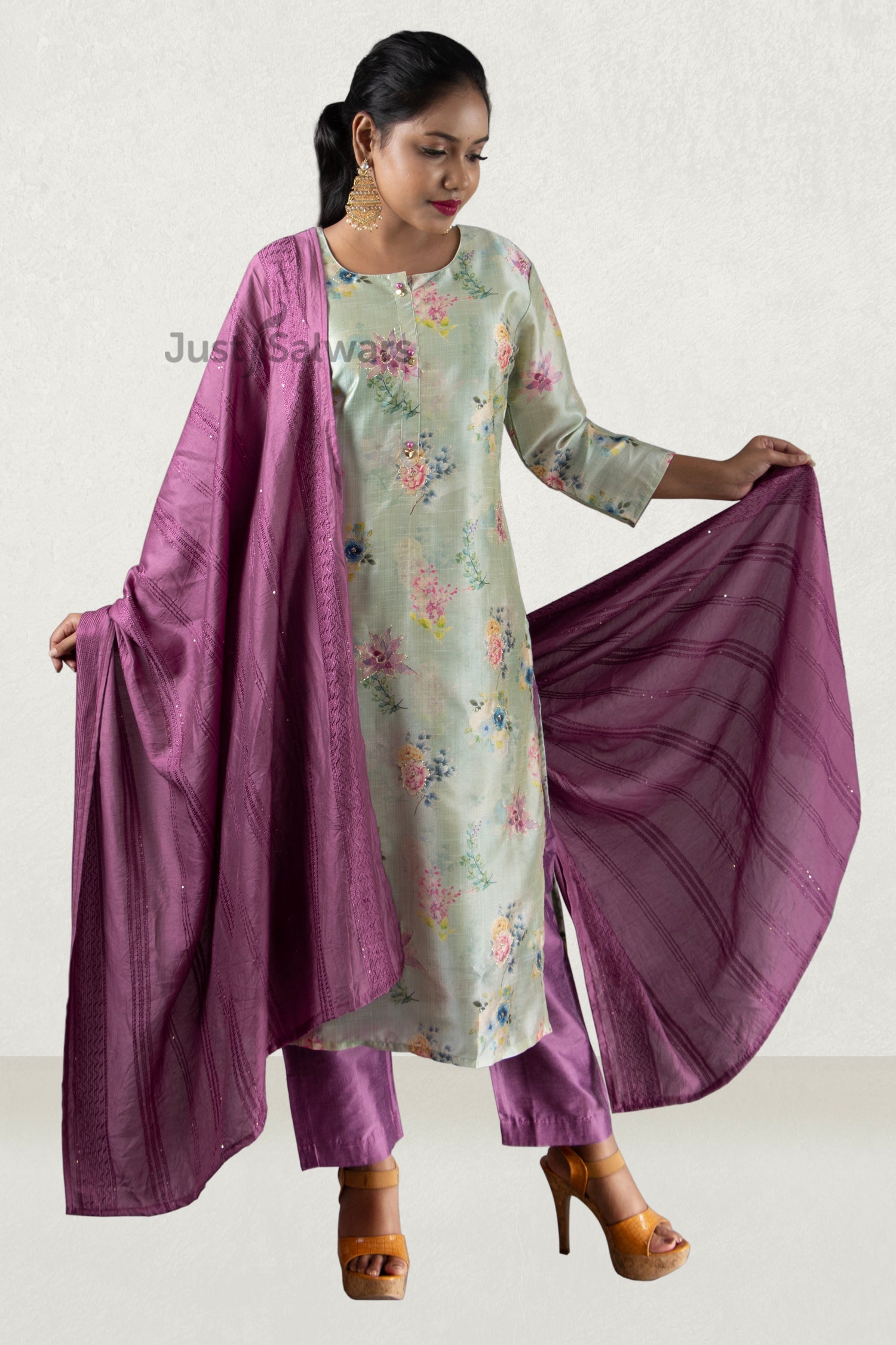 Pastel Green and Purple Colour Silk Cotton Straight Cut Salwar Suit -Salwar Suit- Just Salwars