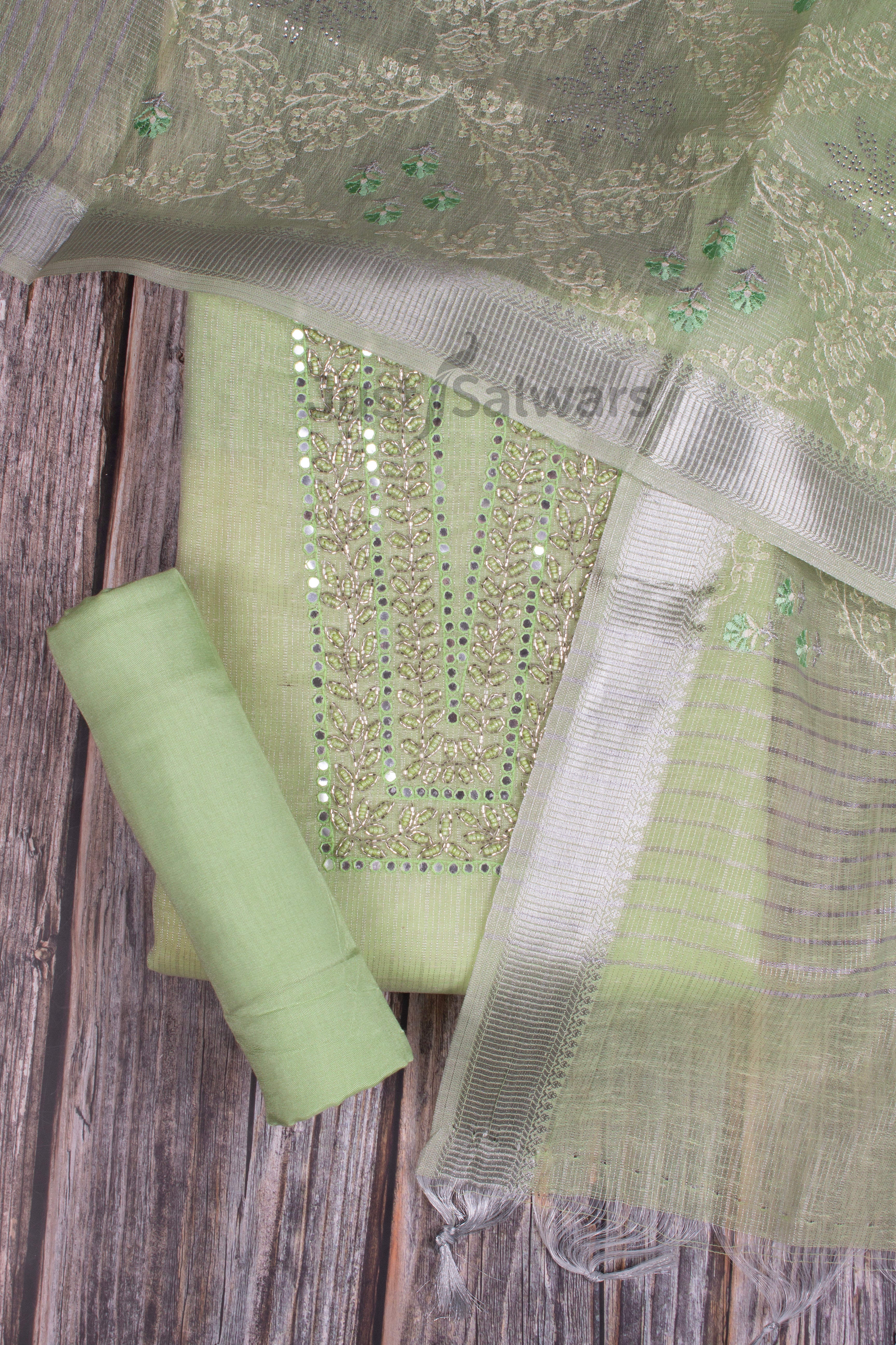 Pastel Green Colour Tissue Silk Dress Material -Dress Material- Just Salwars