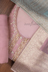 Peach and Blue Colour Silk Cotton Dress Material -Dress Material- Just Salwars