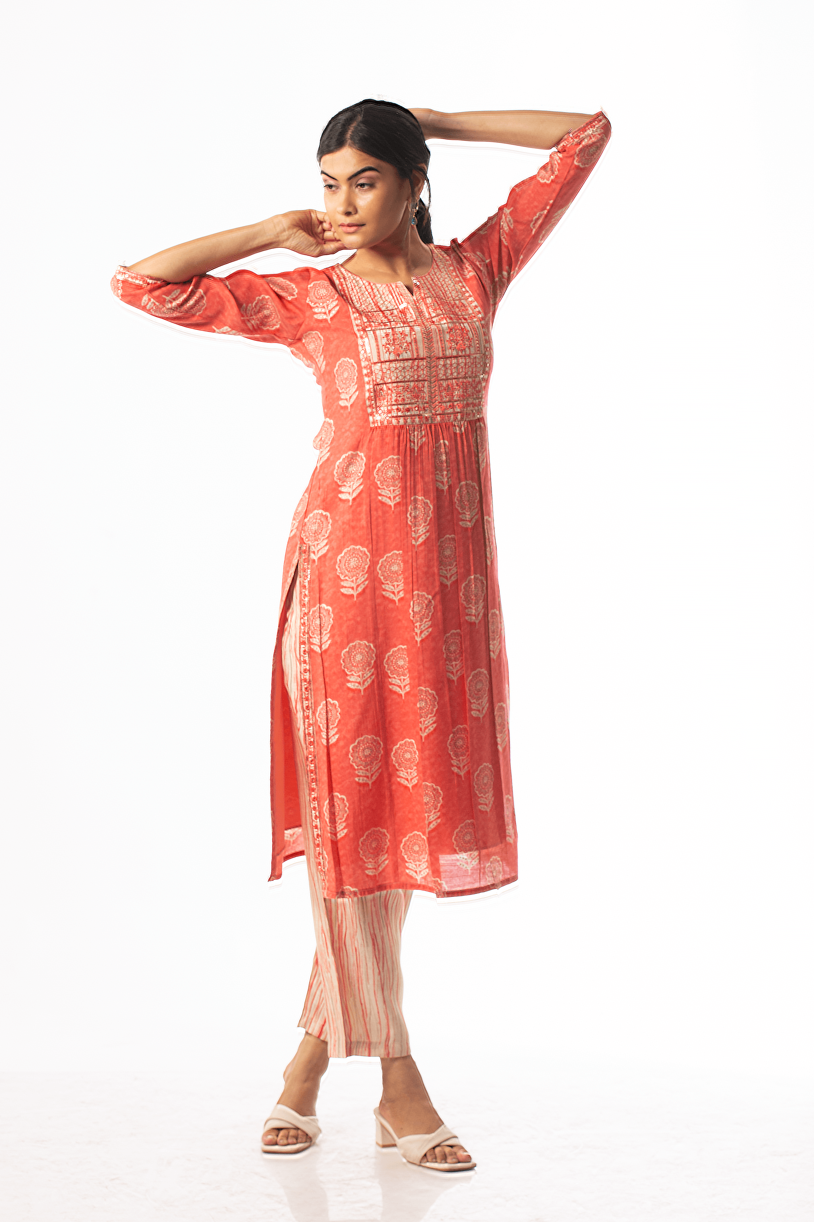 Peach and Cream Colour Muslin Pant Set -Pant Set- Just Salwars