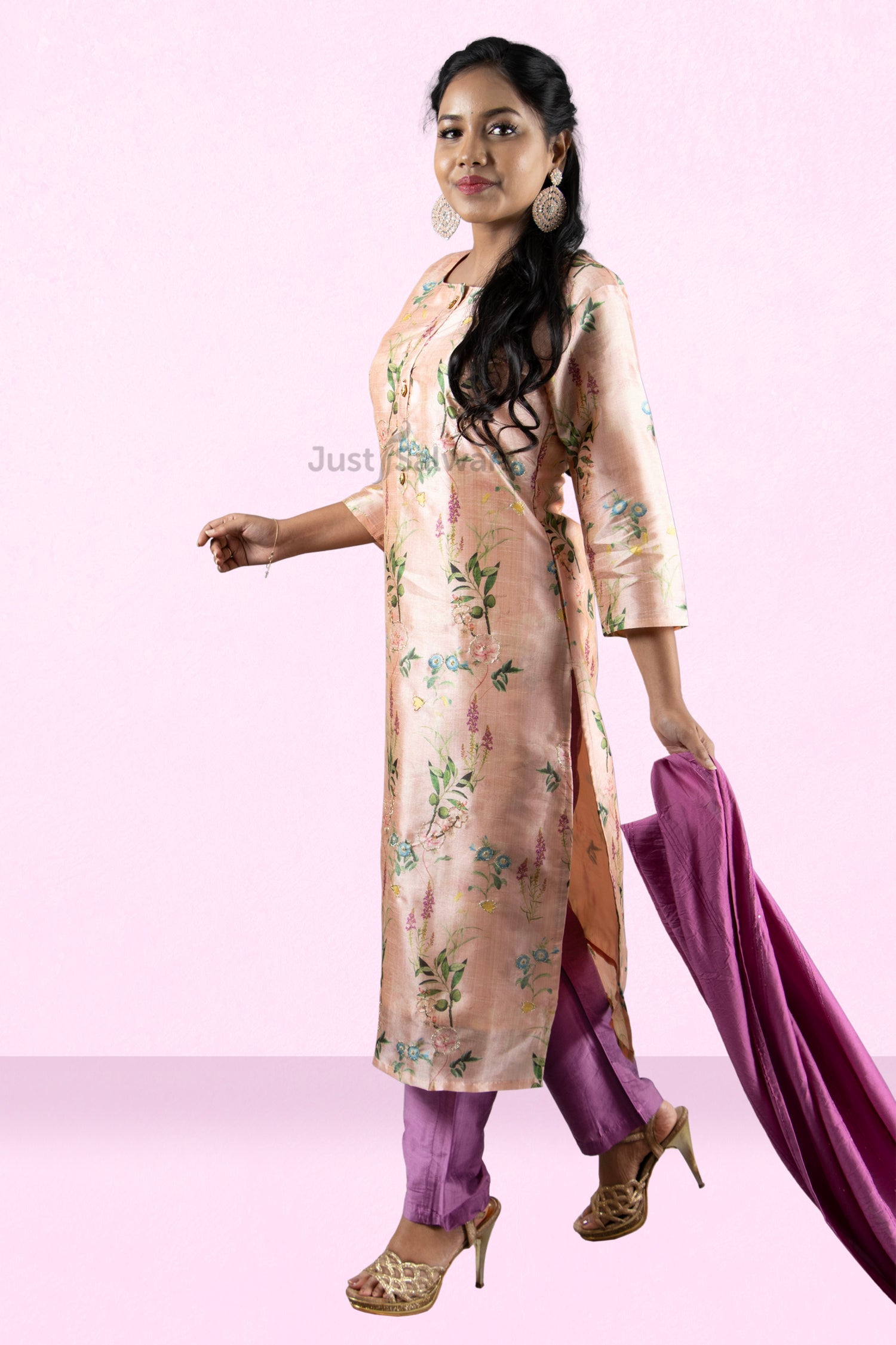 Peach and Purple Colour Silk Cotton Straight Cut Salwar Suit -Salwar Suit- Just Salwars