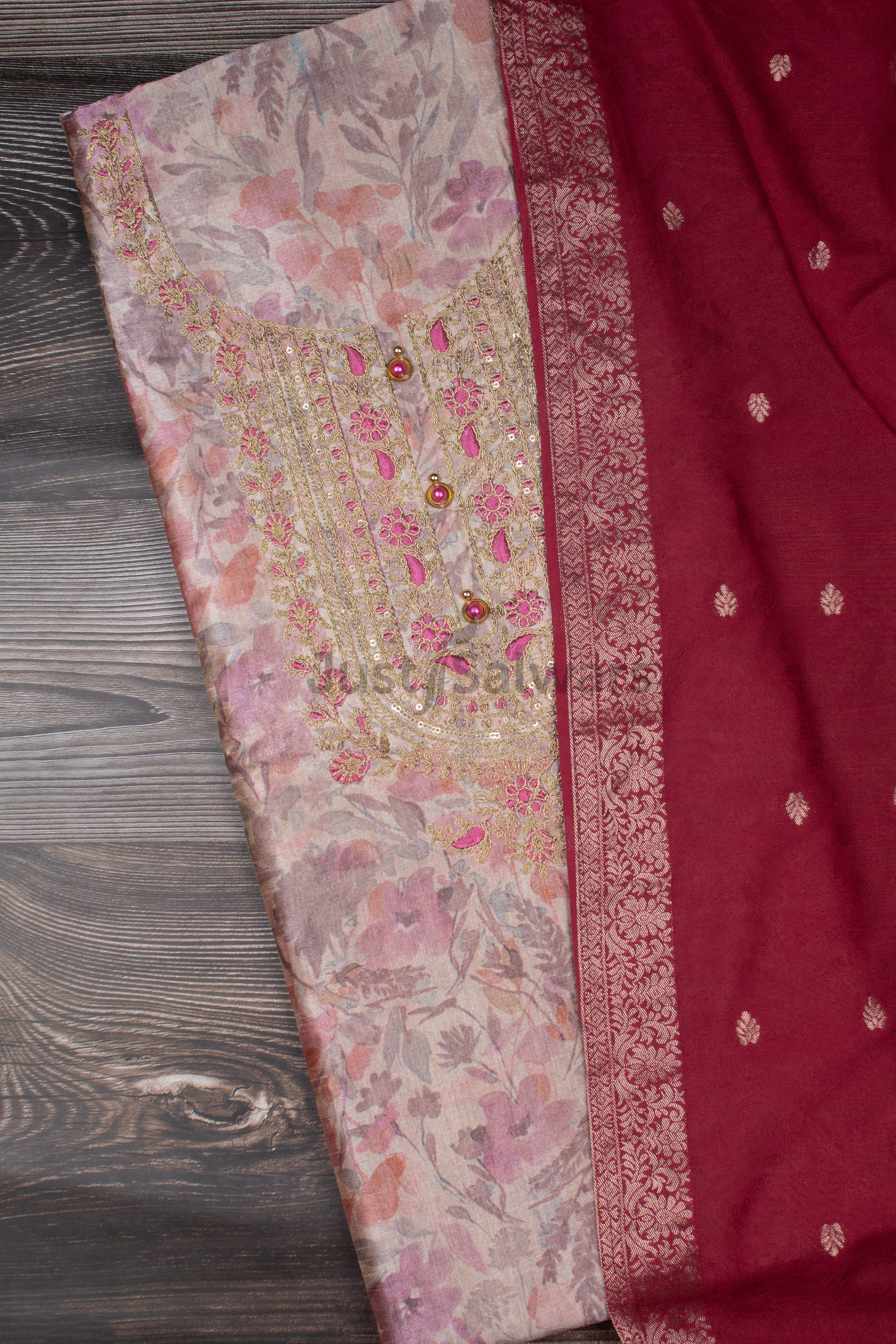 Peach and Red Colour Silk Cotton Unstitched Dress Material -Dress Material- Just Salwars