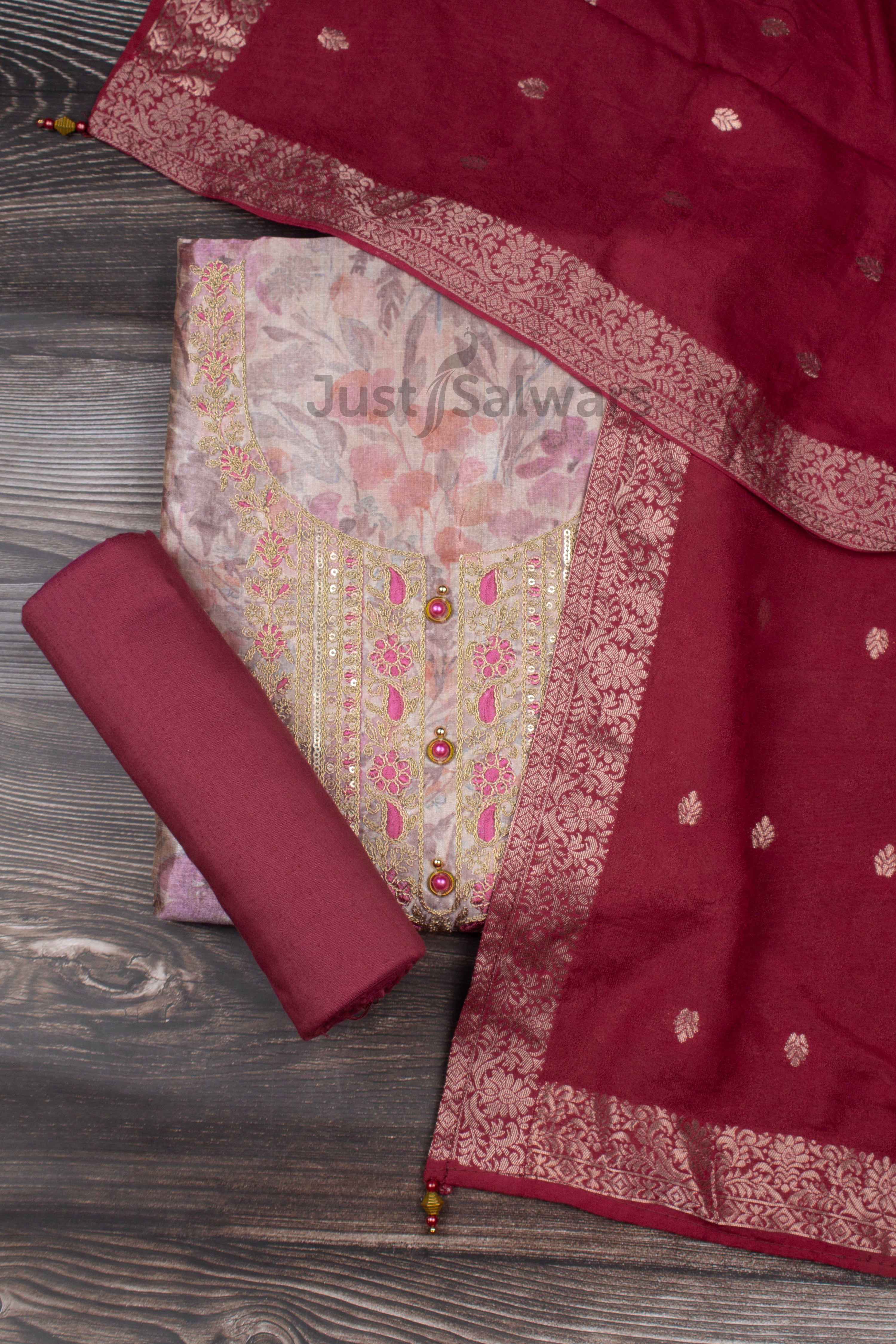 Peach and Red Colour Silk Cotton Unstitched Dress Material -Dress Material- Just Salwars