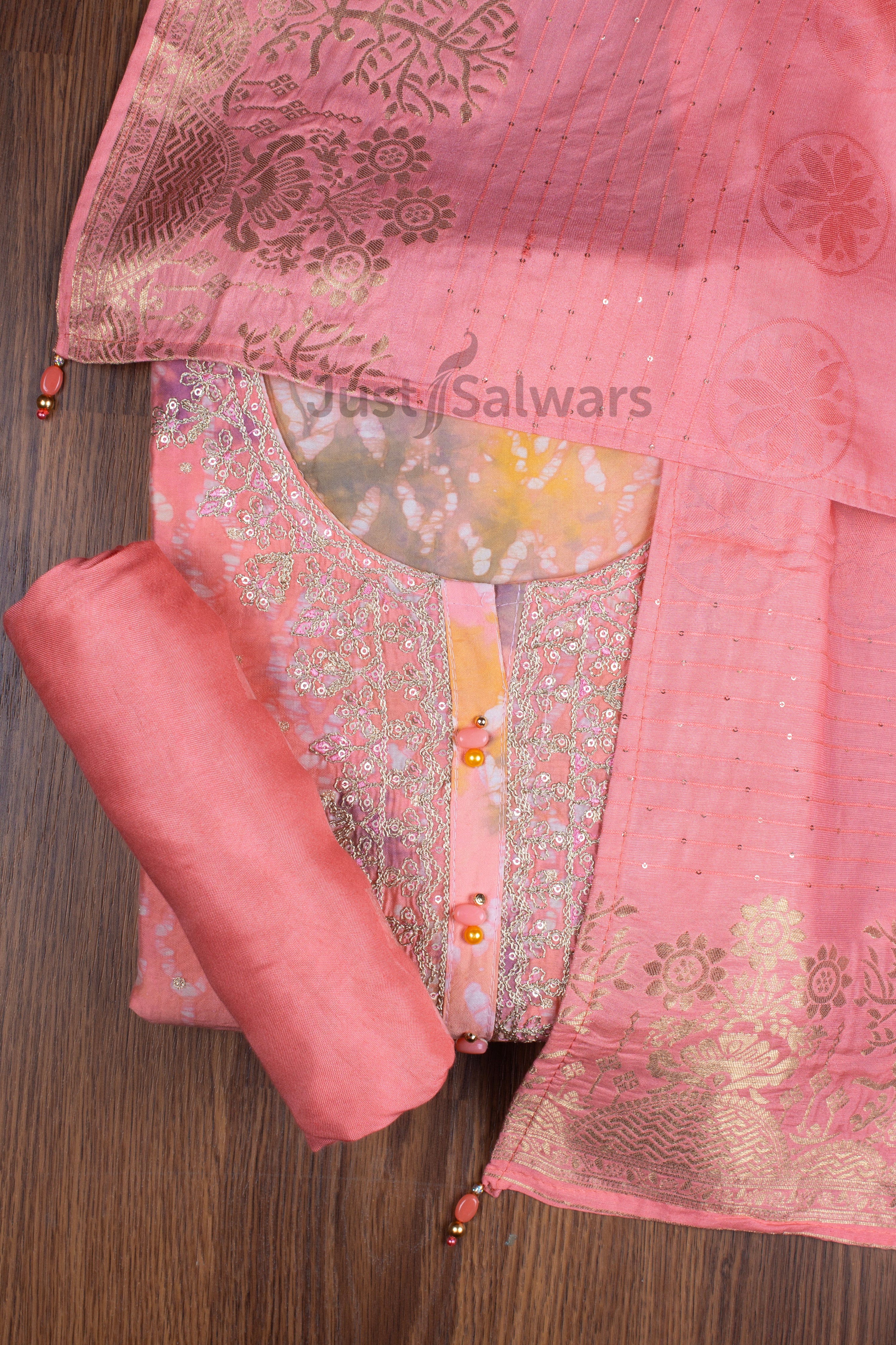Peach Colour Muslin Dress Material -Dress Material- Just Salwars