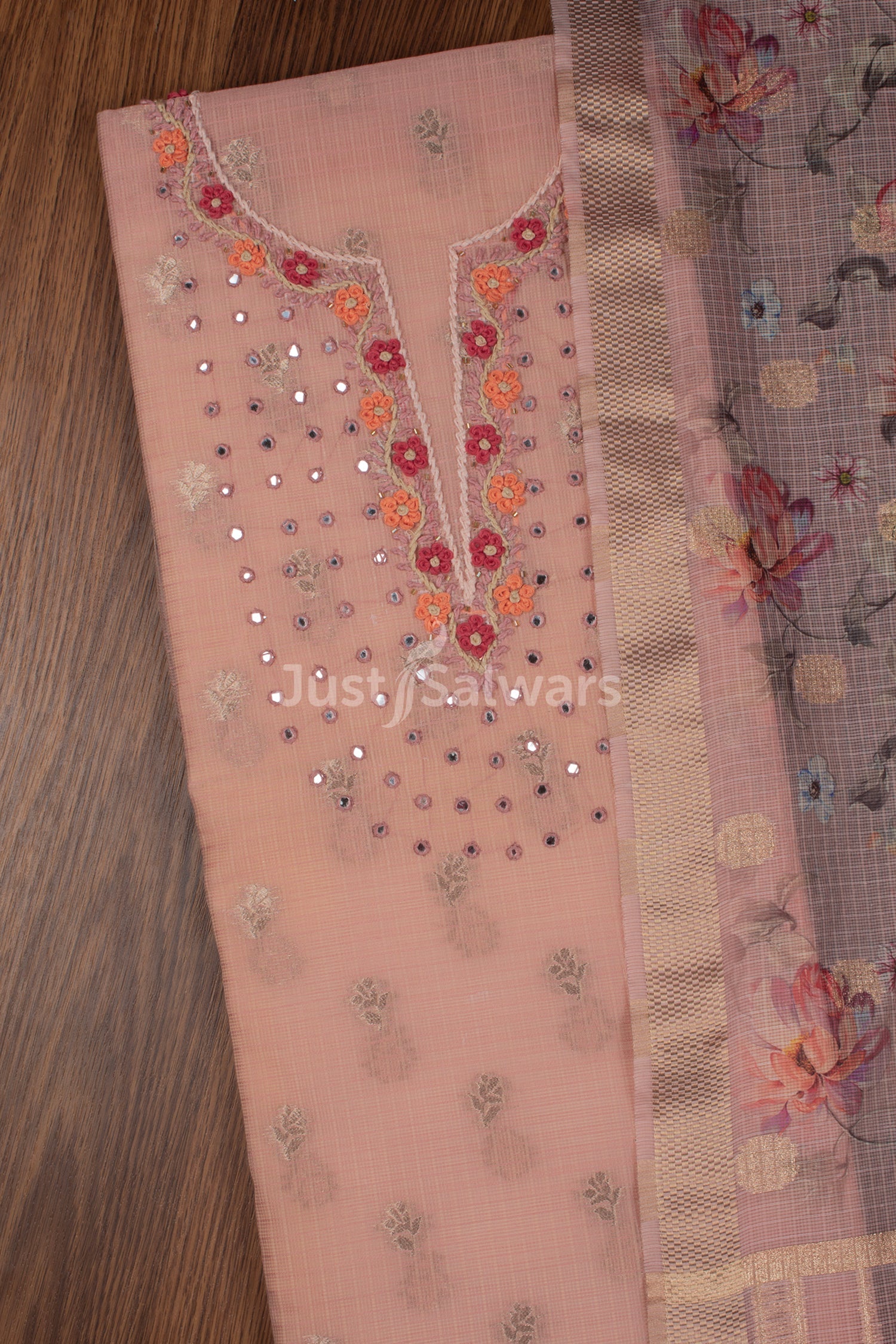 Peach Colour Silk Cotton Dress Material with Silk Dupatta -Dress Material- Just Salwars