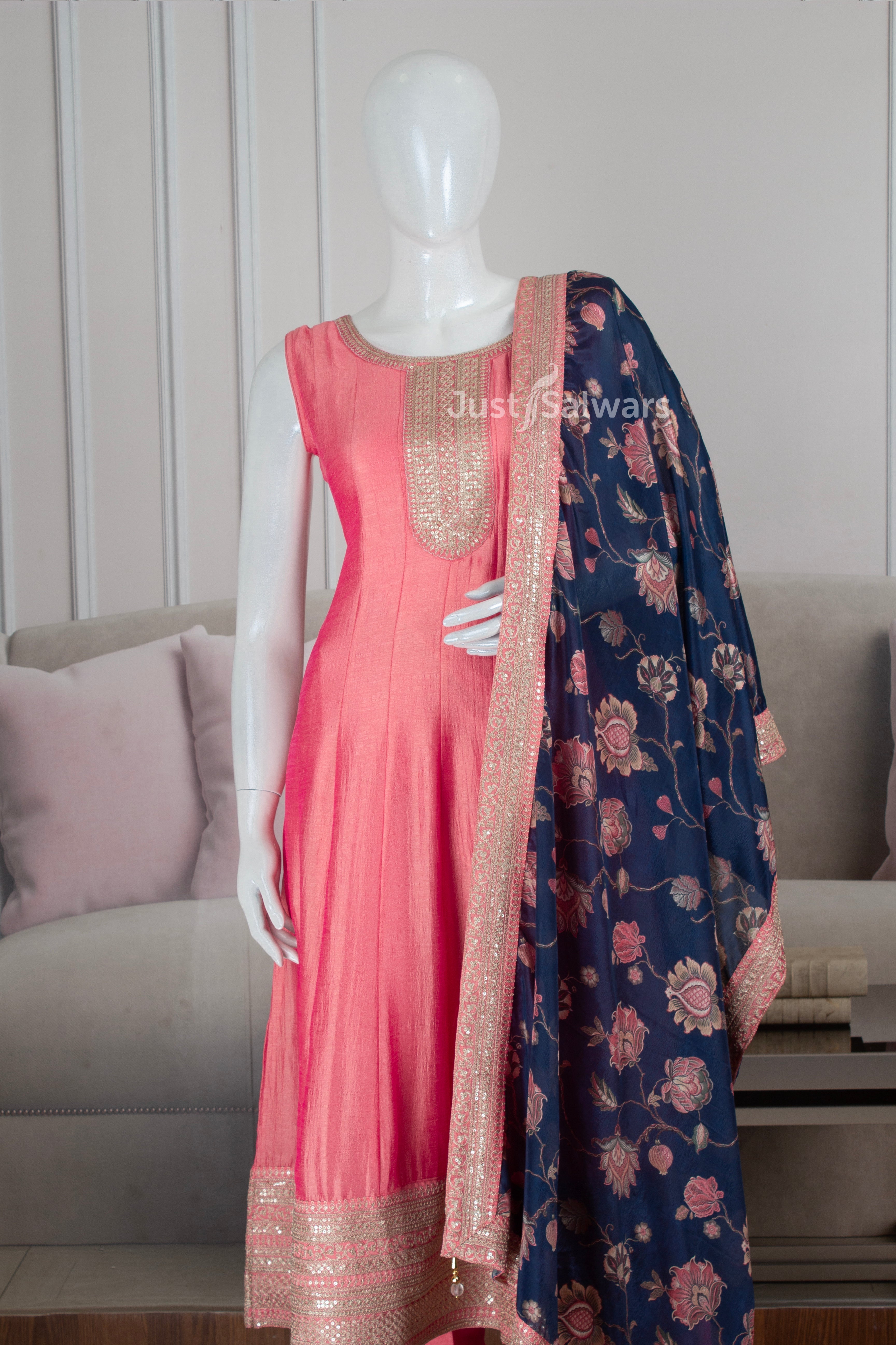 Peach Colour Soft Silk Anarkali Suit Set -Anarkali- Just Salwars