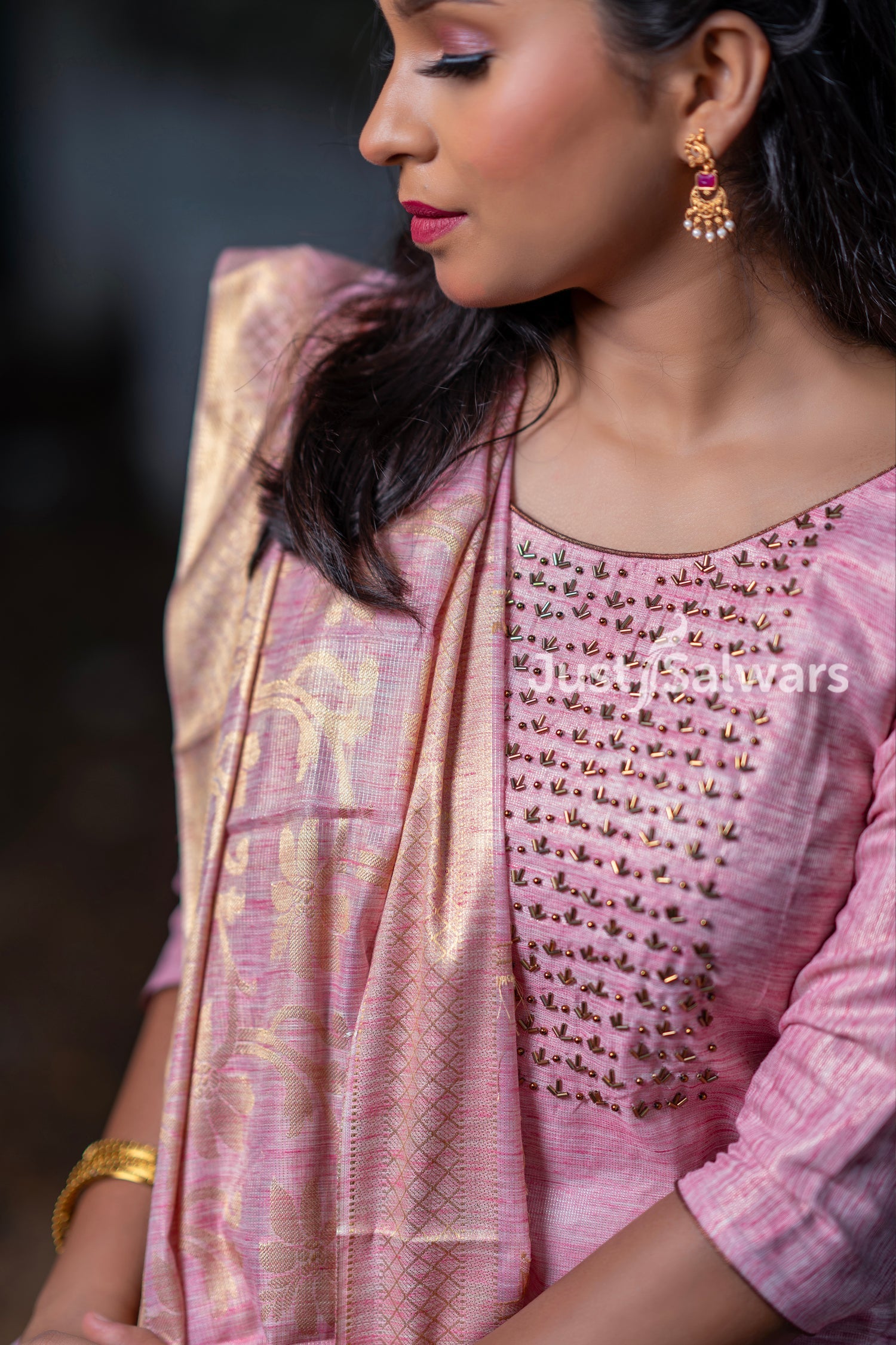 Peach Colour Tissue Silk Party Wear Dress Material -Dress Material- Just Salwars