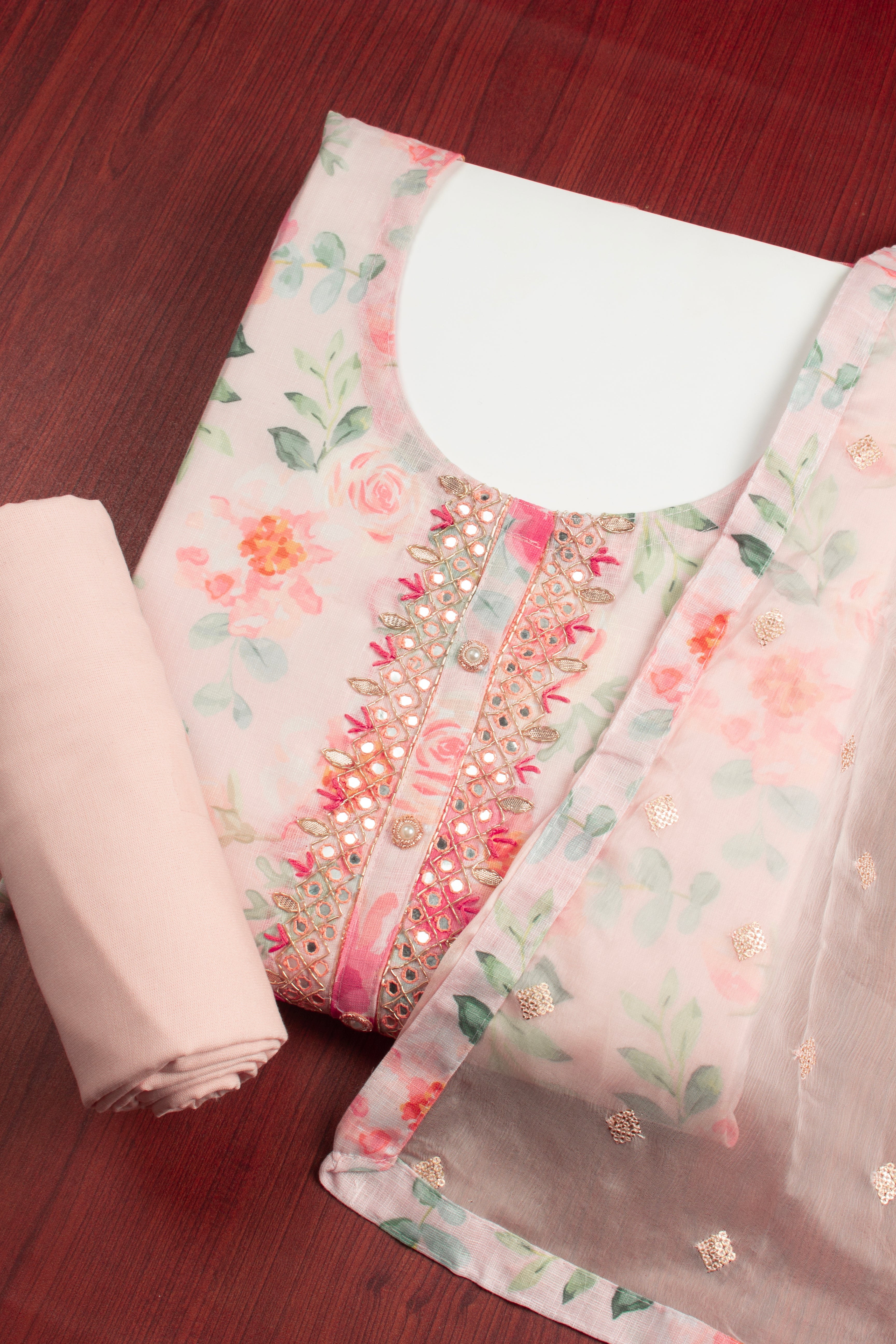 Peach Colour Unstitched Dress Material -Dress Material- Just Salwars