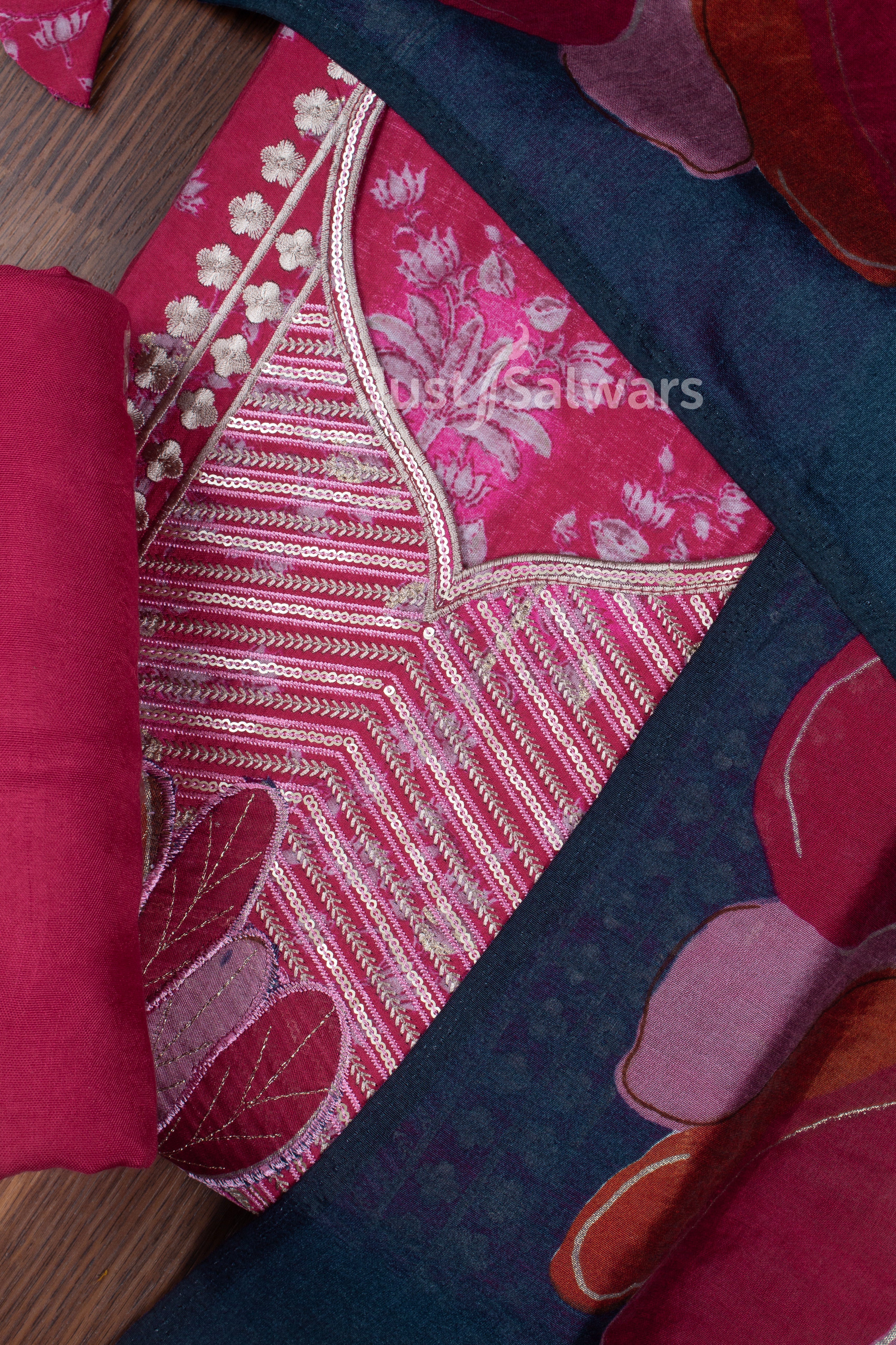 Pink and Blue Colour Muslin Dress Material -Dress Material- Just Salwars