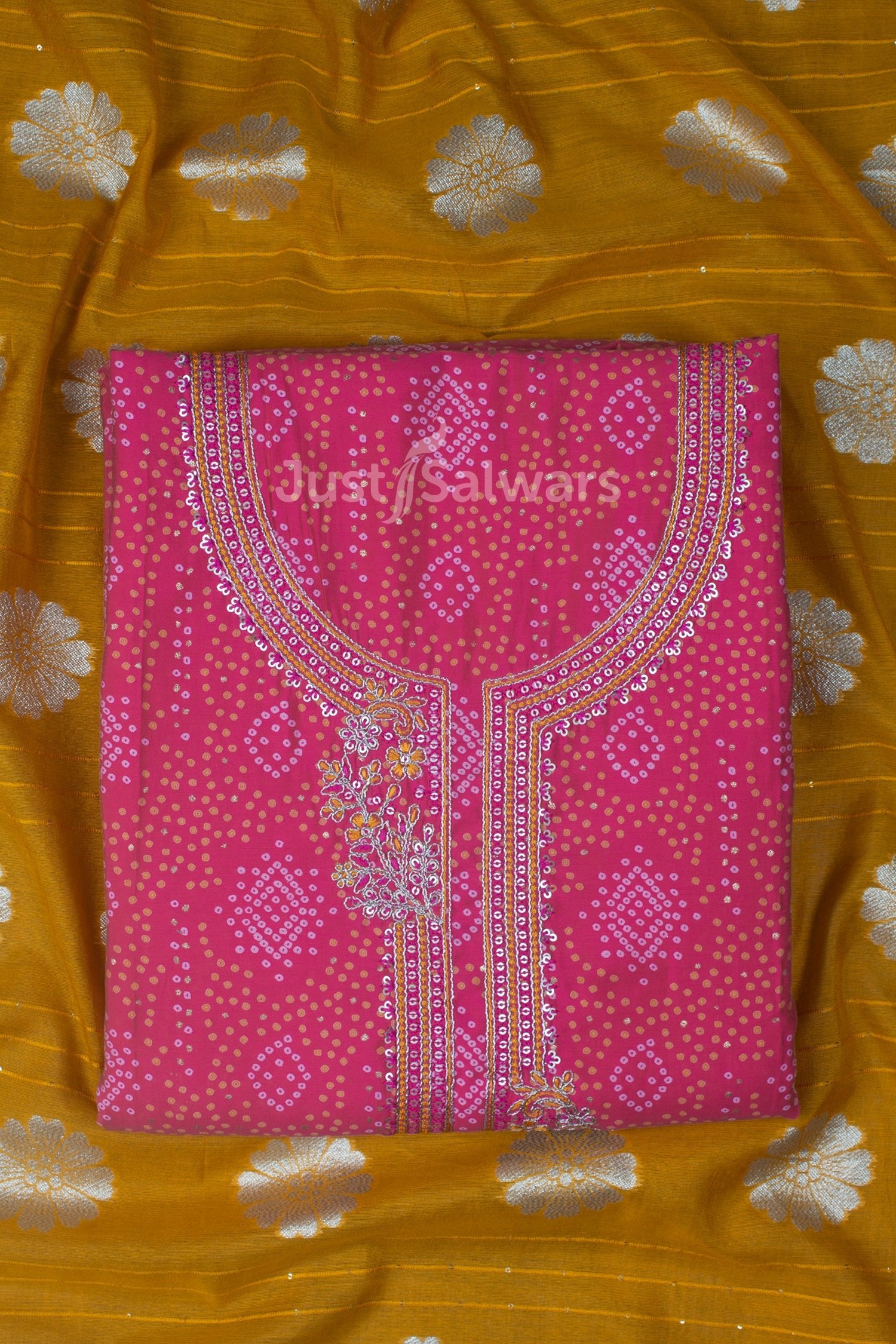 Pink and Mustard Colour Muslin Dress Material -Dress Material- Just Salwars