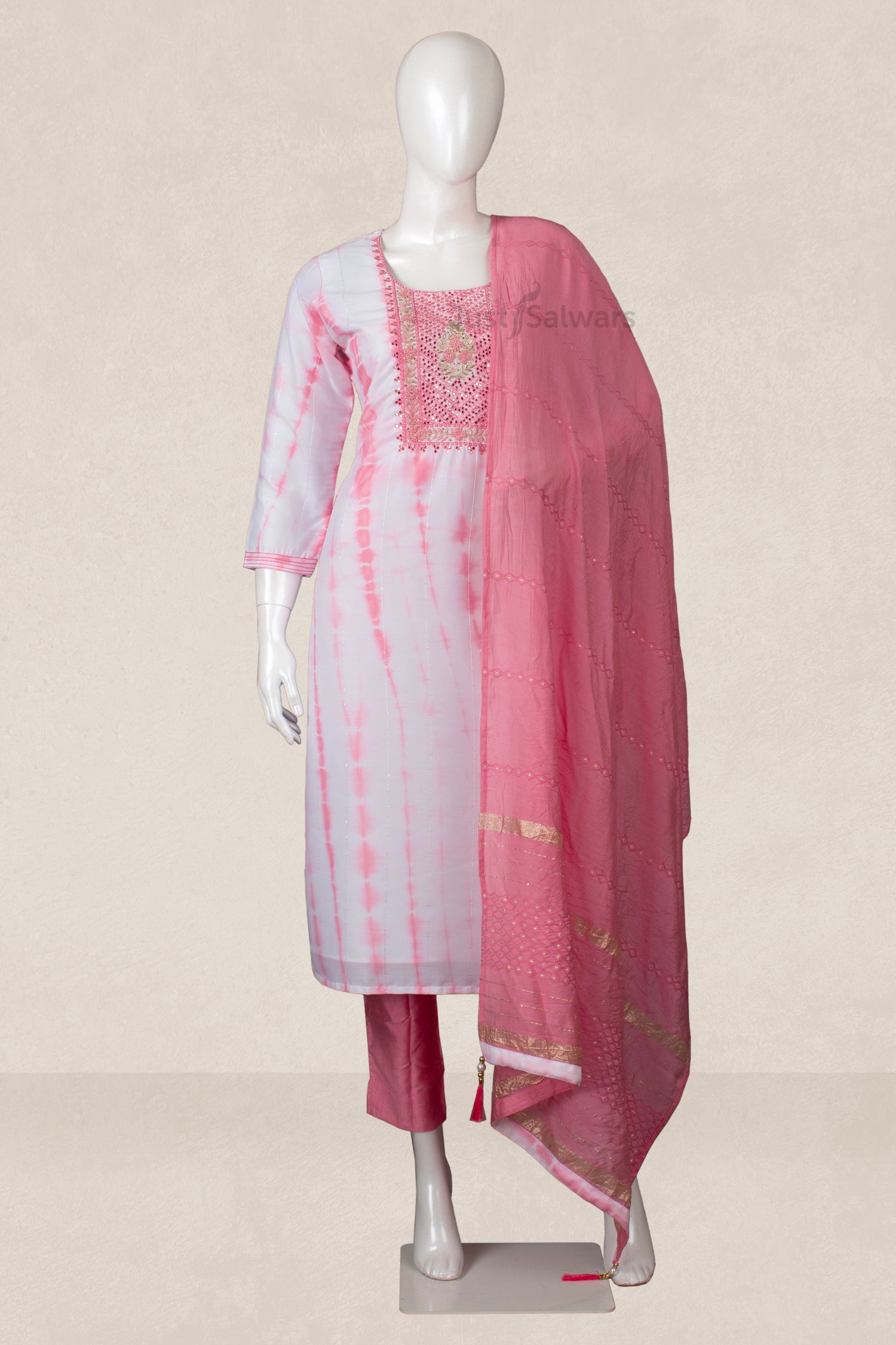 Pink and White Colour Straight Cut Salwar Suit -Salwar Suit- Just Salwars