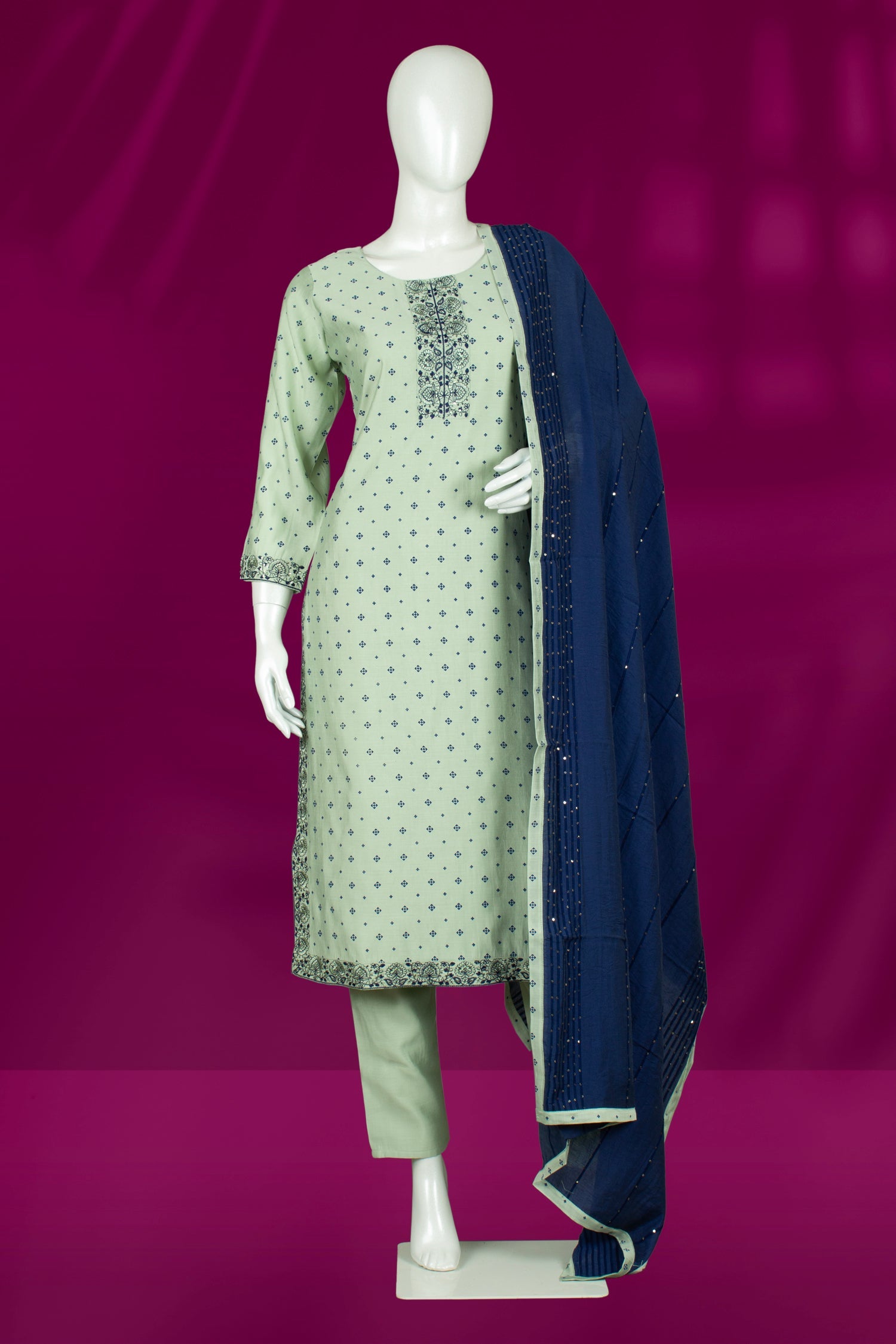 Pista Green and Blue Colour Straight Cut Salwar Suit -Salwar Suit- Just Salwars