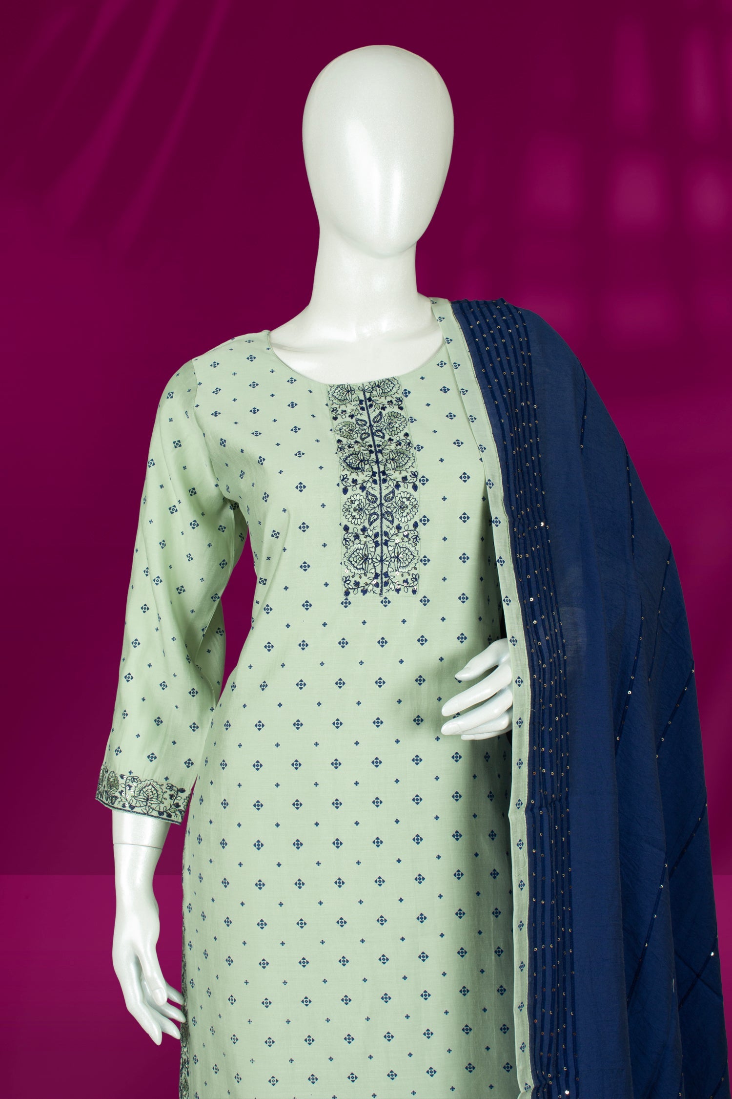 Pista Green and Blue Colour Straight Cut Salwar Suit -Salwar Suit- Just Salwars