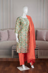 Pista Green and Orange Colour Silk Cotton Straight Cut Salwar Suit -Salwar Suit- Just Salwars