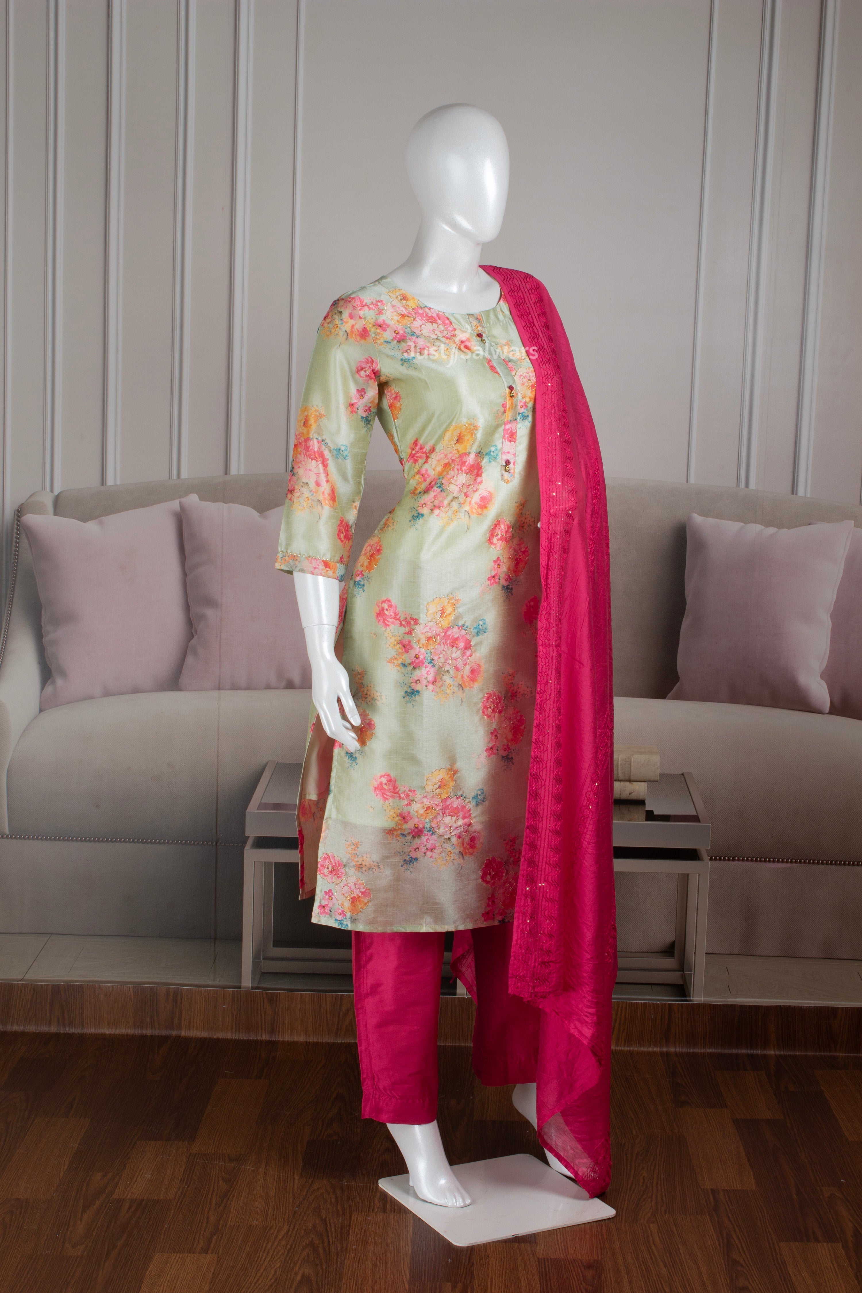 Pista Green and Pink Colour Silk Cotton Straight Cut Salwar Suit -Salwar Suit- Just Salwars