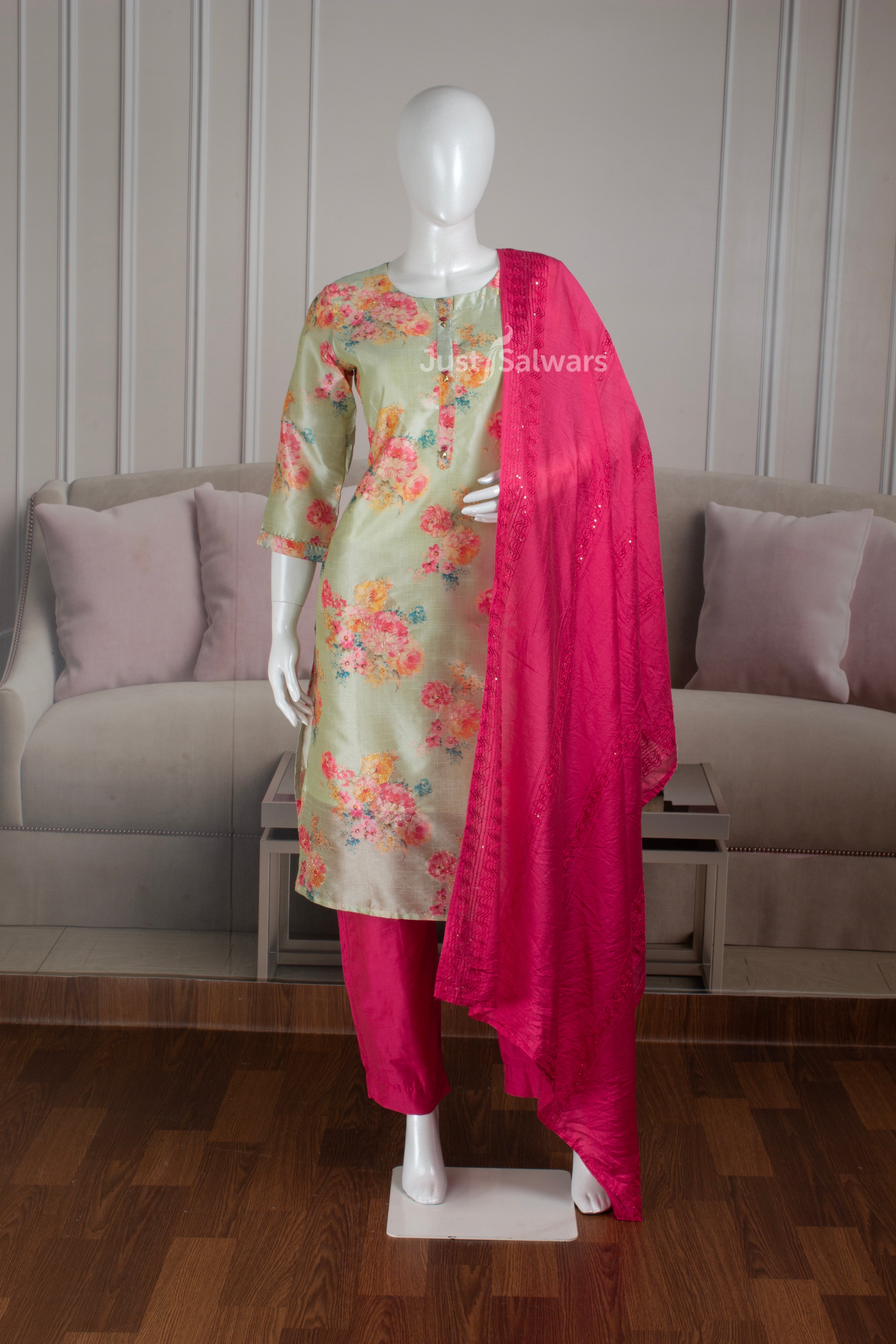 Pista Green and Pink Colour Silk Cotton Straight Cut Salwar Suit -Salwar Suit- Just Salwars
