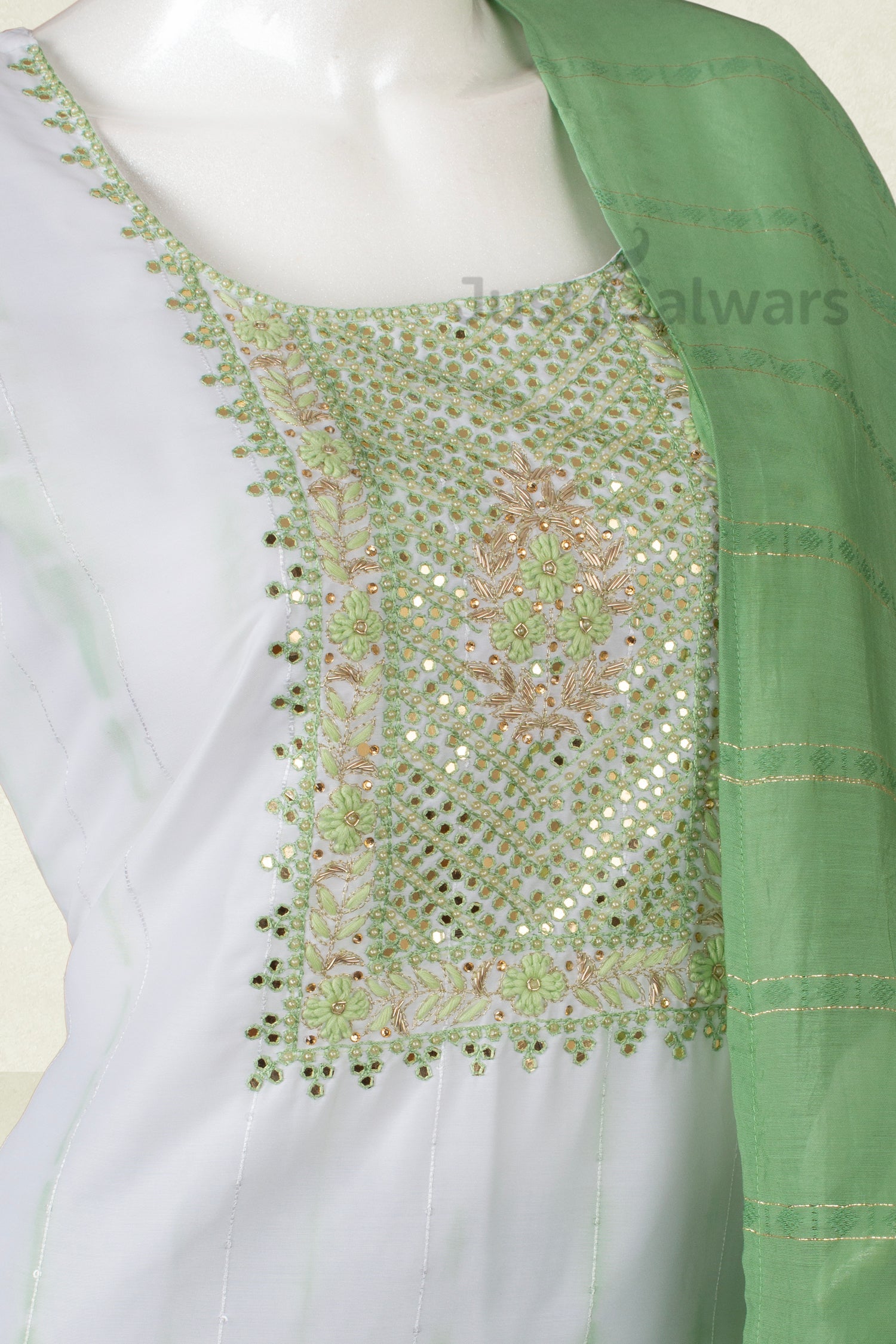 Pista Green and White Colour Straight Cut Salwar Suit -Salwar Suit- Just Salwars