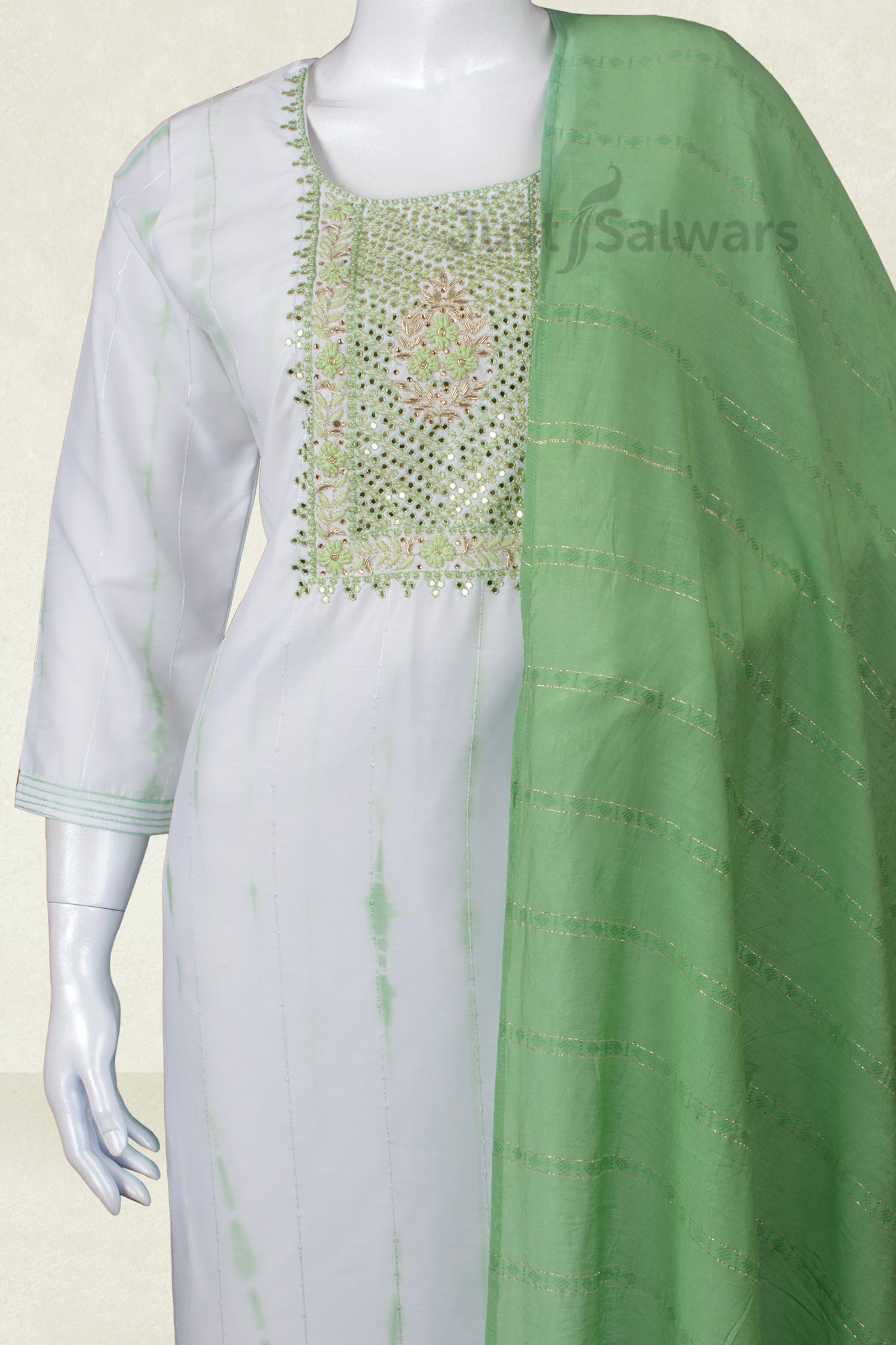 Pista Green and White Colour Straight Cut Salwar Suit -Salwar Suit- Just Salwars