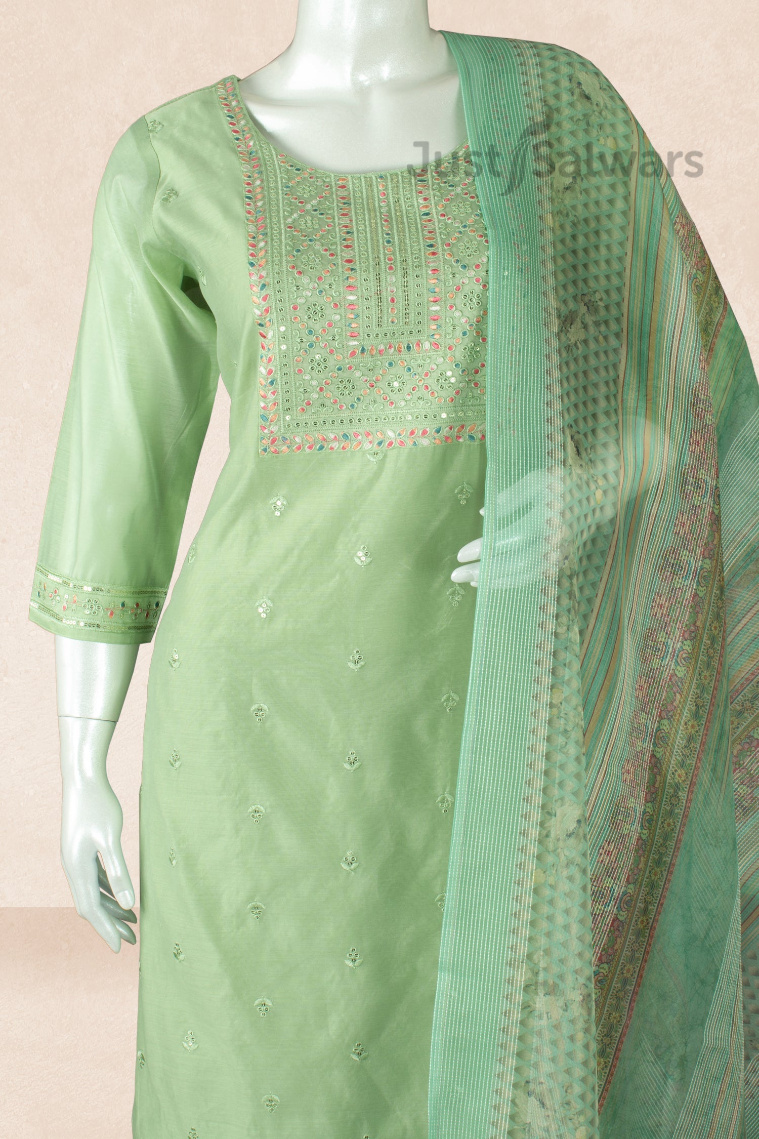 Pista Green Colour Straight Cut Salwar Suit -Salwar Suit- Just Salwars