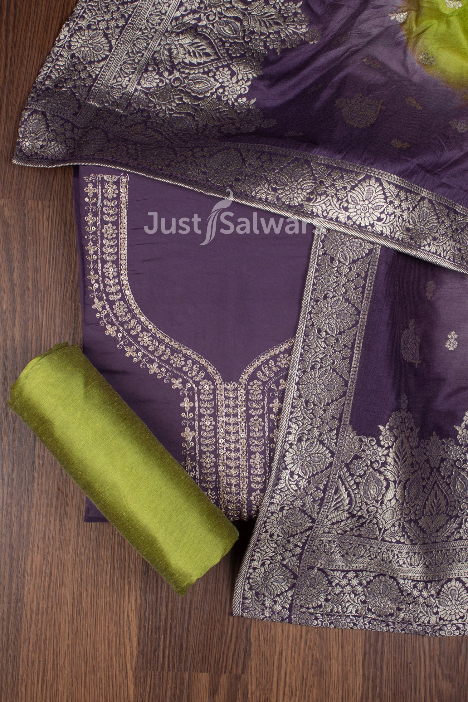 Purple and Green Colour Muslin Dress Material -Dress Material- Just Salwars