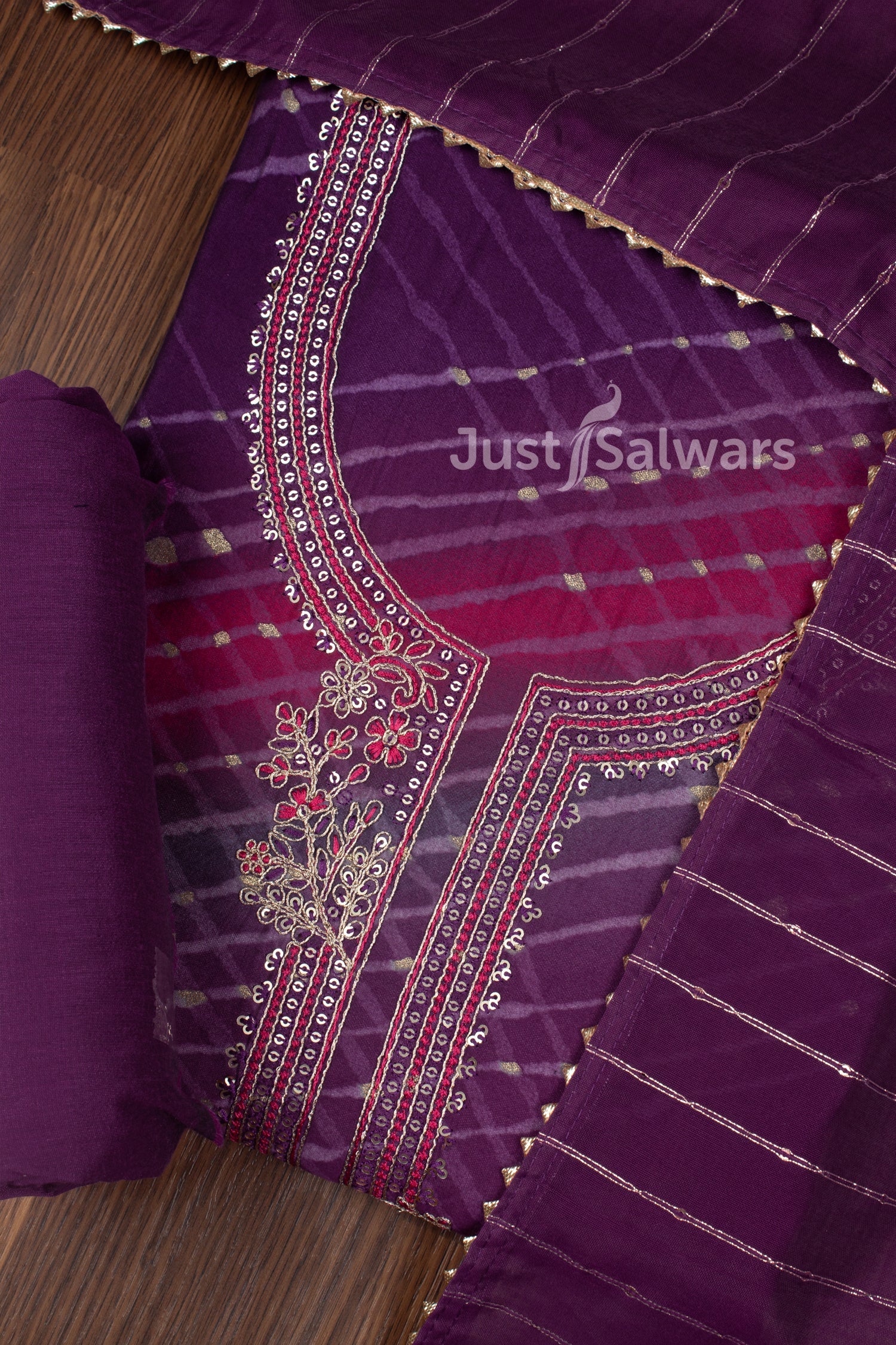 Purple and Pink Colour Muslin Dress Material with Silk Cotton Dupatta -Dress Material- Just Salwars