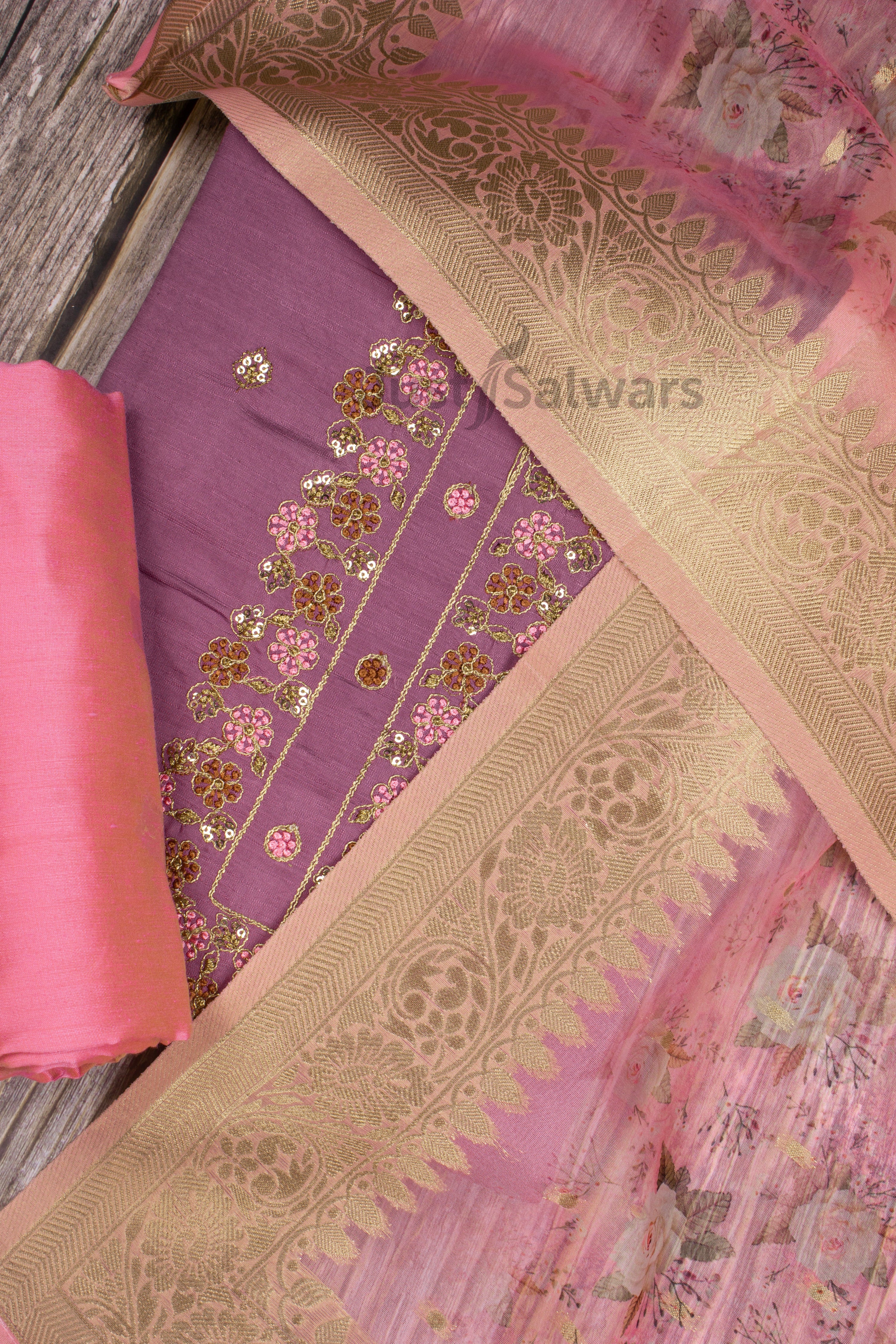 Purple and Pink Colour Silk Cotton Dress Material -Dress Material- Just Salwars