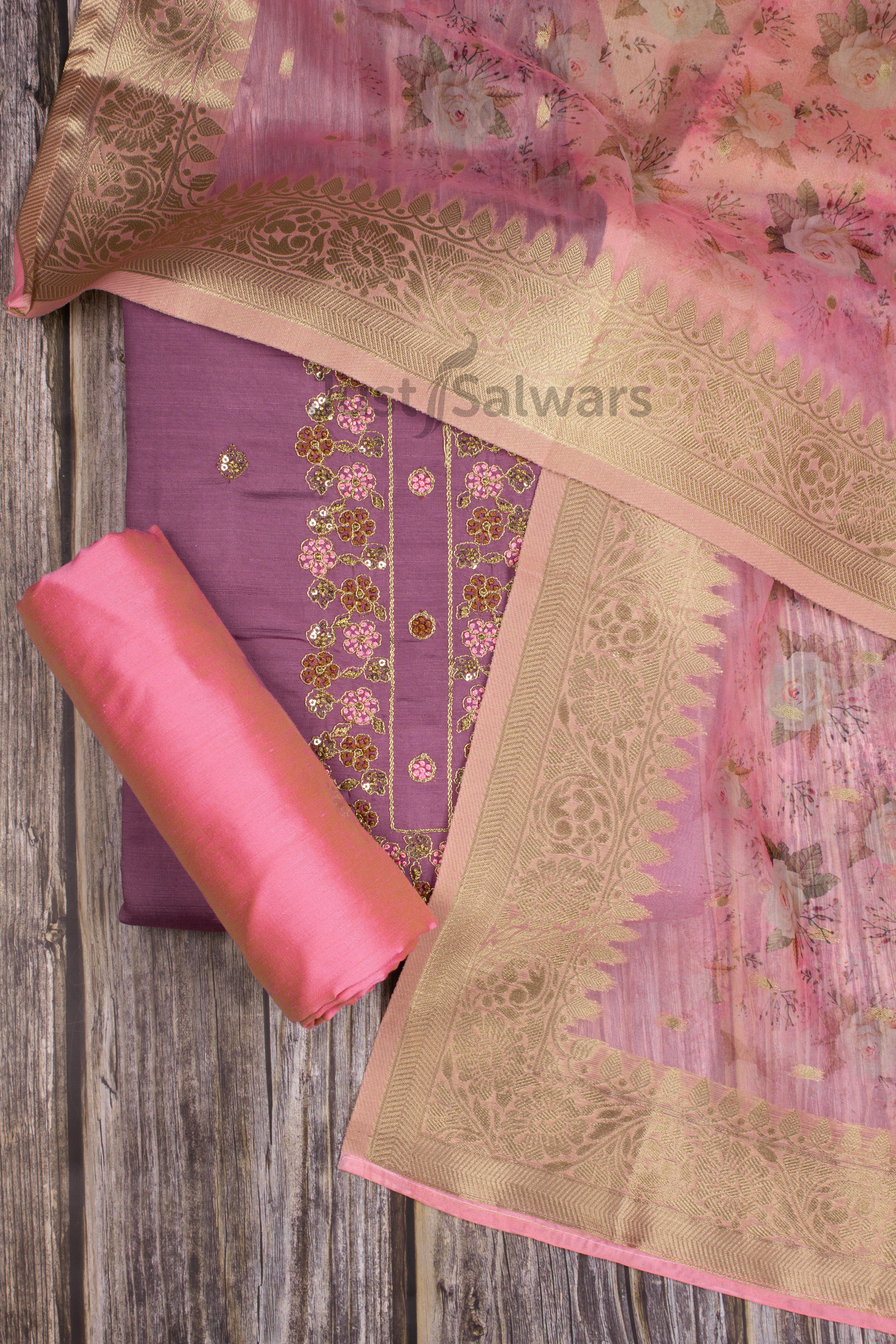 Purple and Pink Colour Silk Cotton Dress Material -Dress Material- Just Salwars