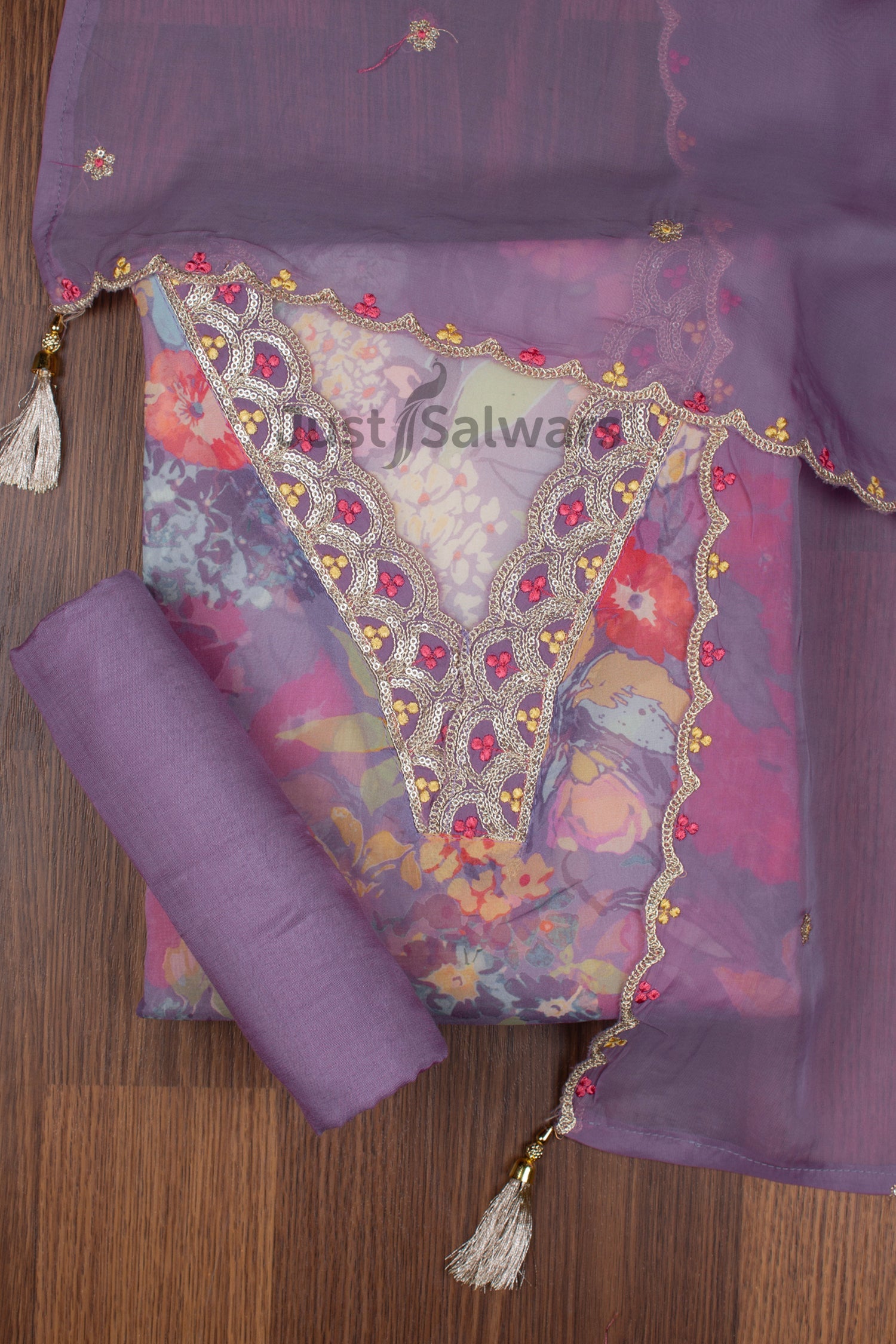 Purple Colour Floral Organza Dress Material -Dress Material- Just Salwars