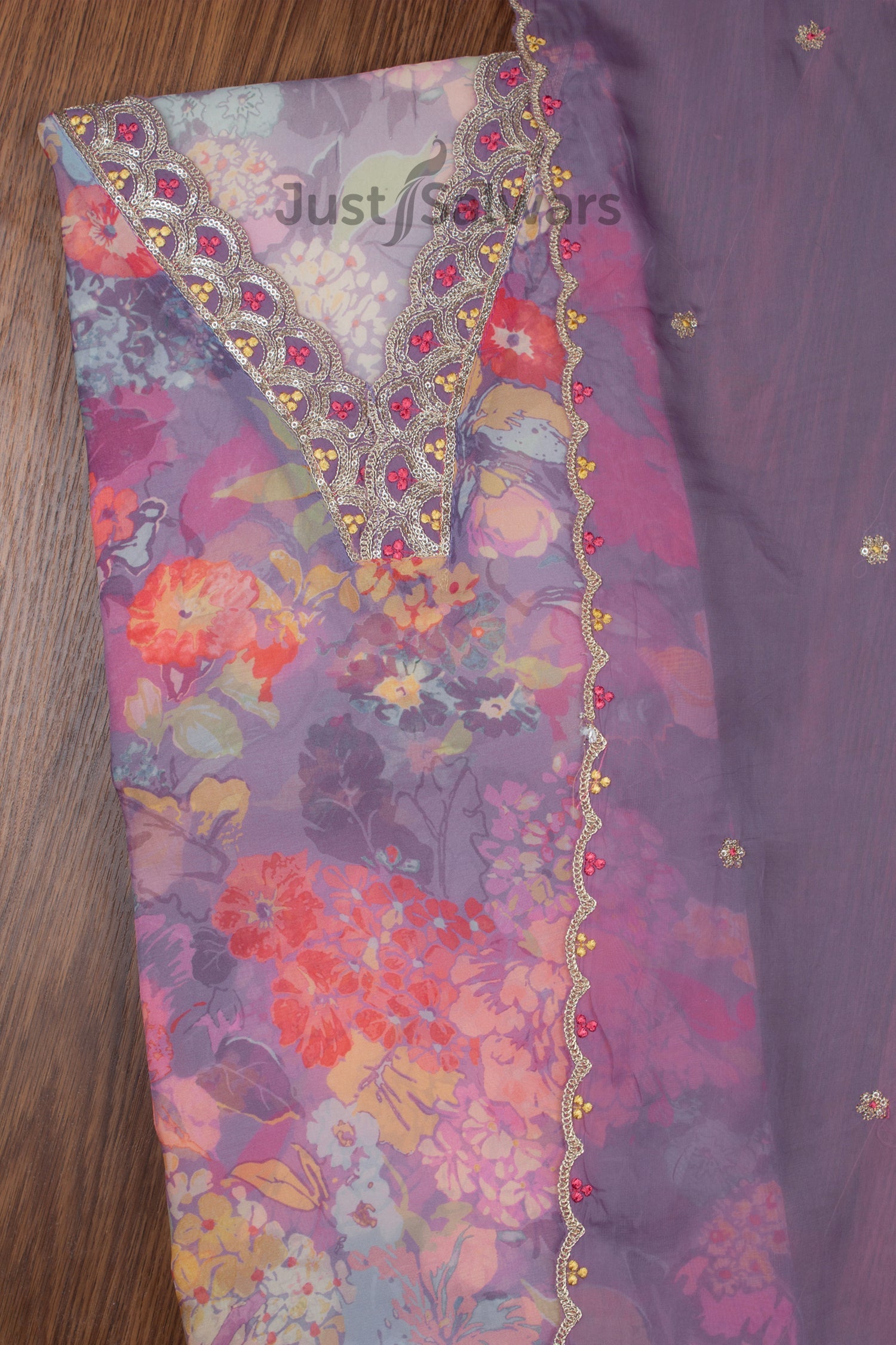 purple colour floral organza dress material just salwars